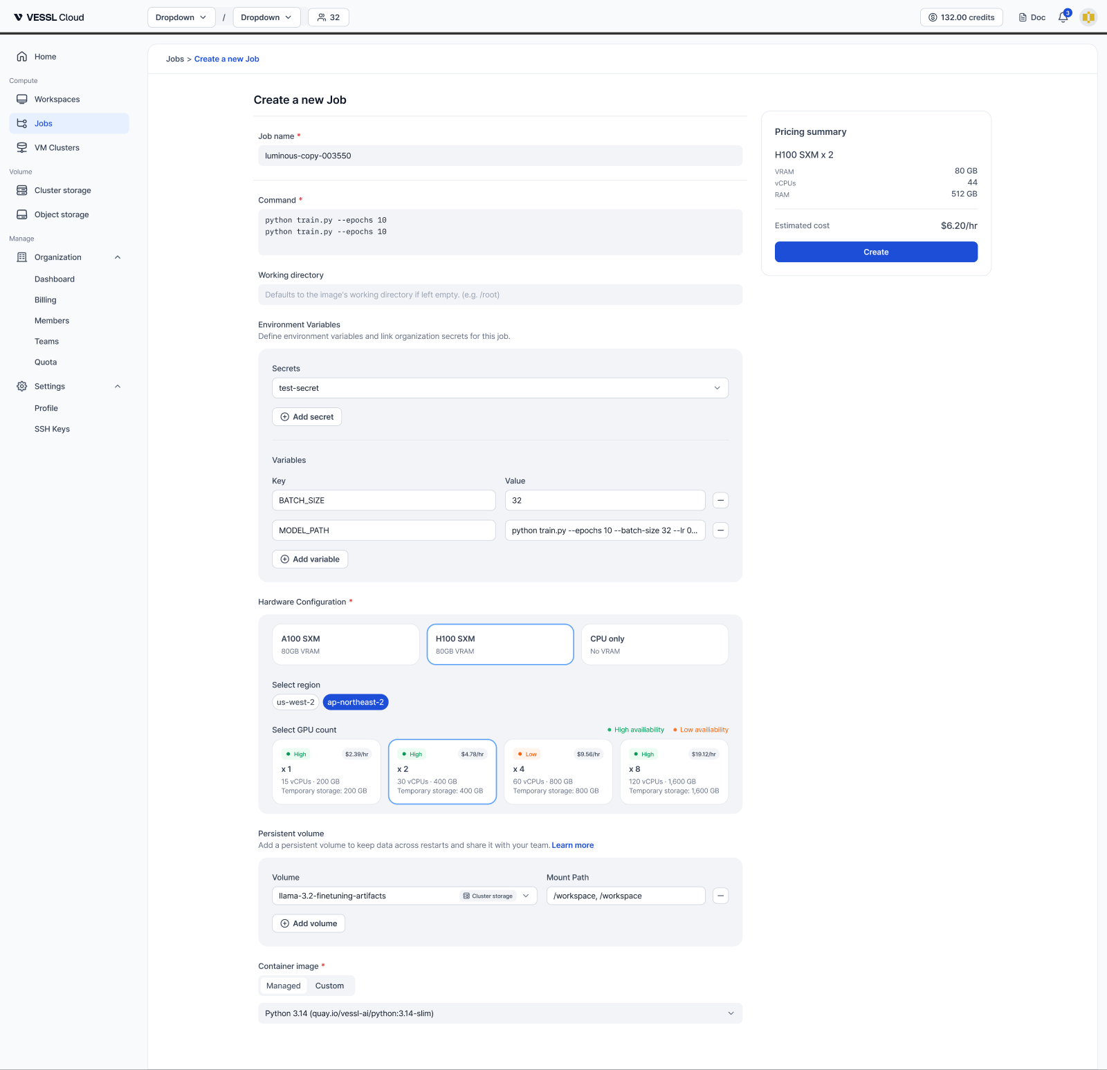 Create a new Job form showing job name, command, working directory, environment variables with organization secrets, hardware configuration (GPU product, region, and count), persistent volume, container image, and a pricing summary with a Create button