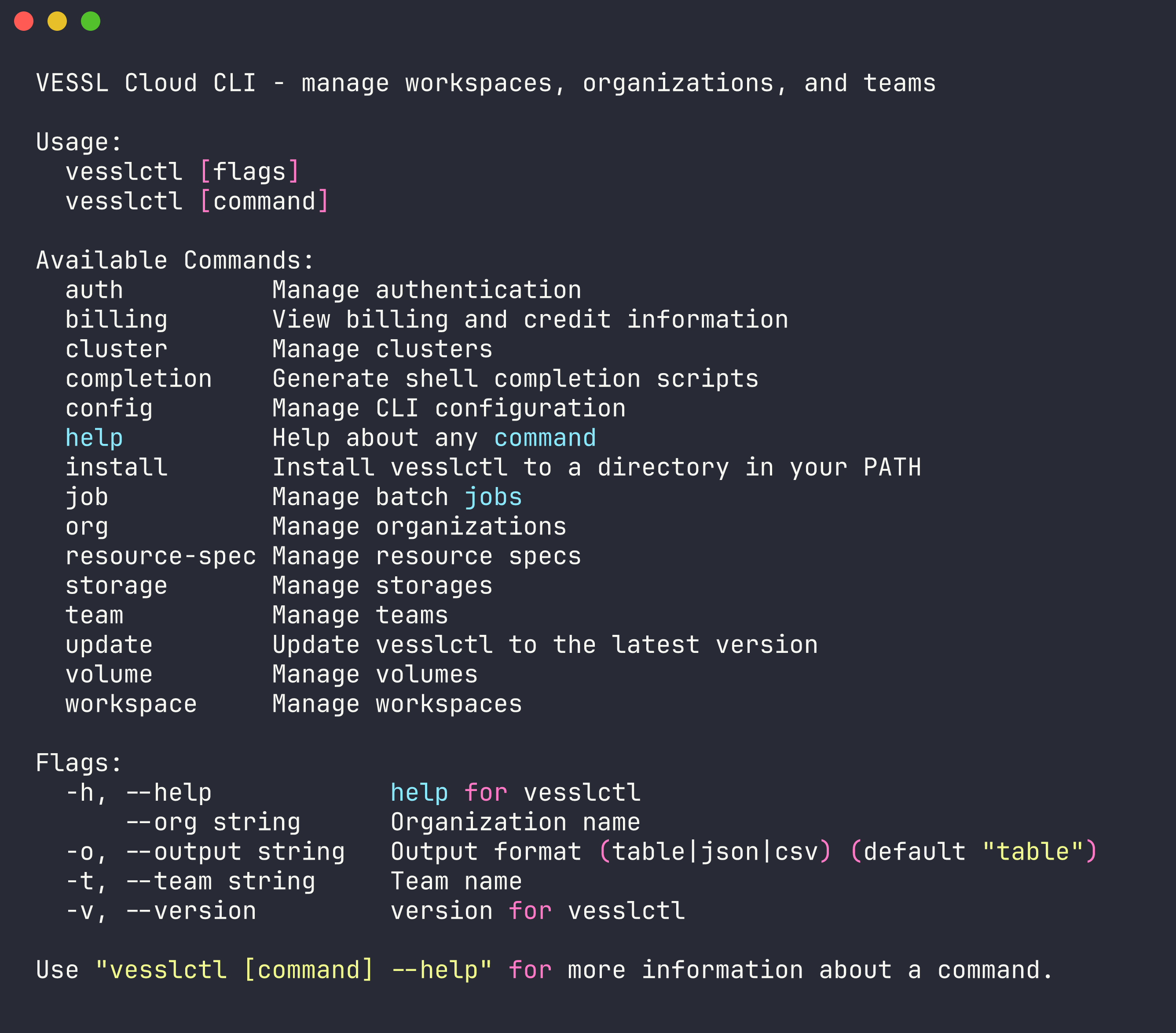 vesslctl help output showing all available commands