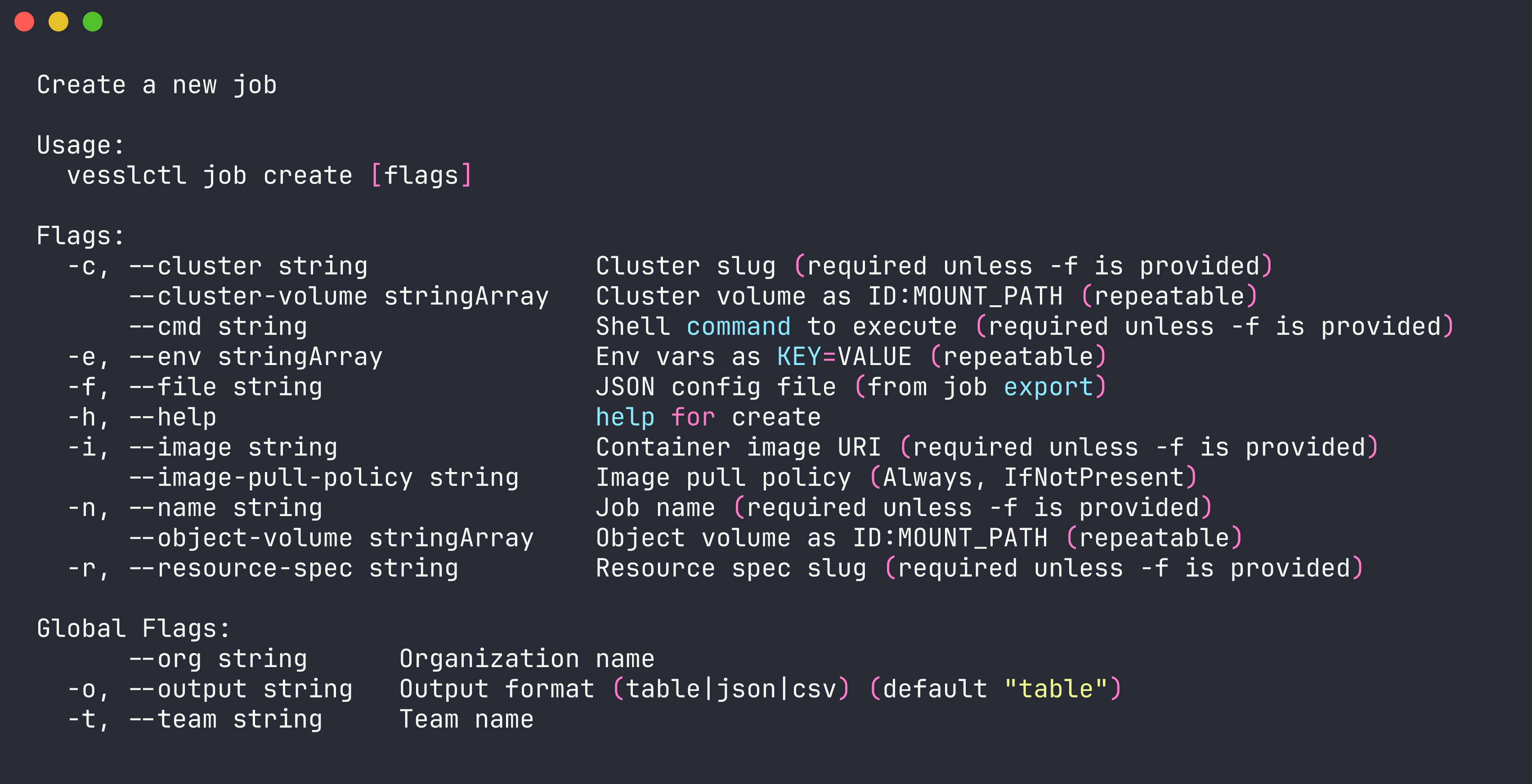 vesslctl job create command showing all available flags