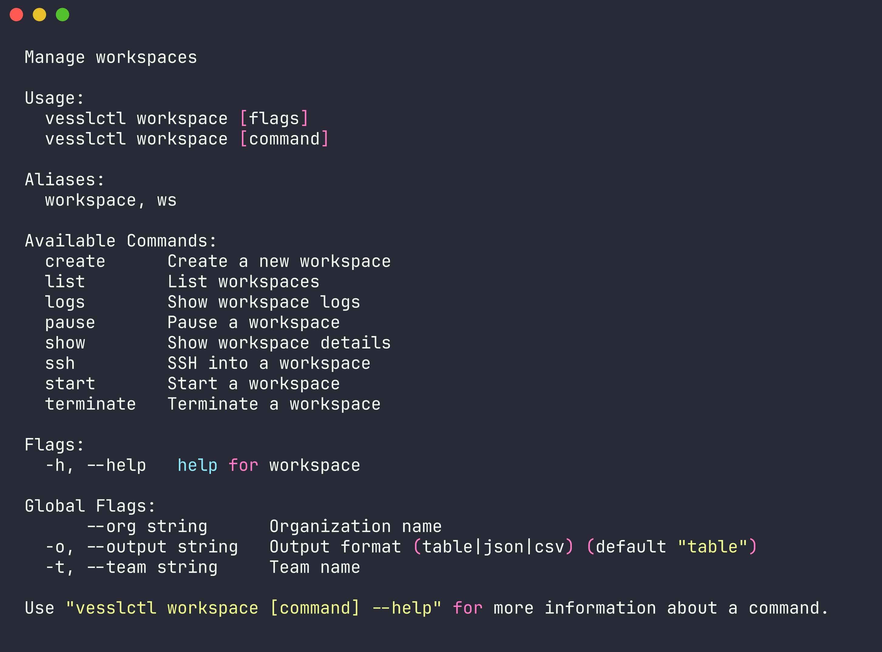 vesslctl workspace command showing available subcommands