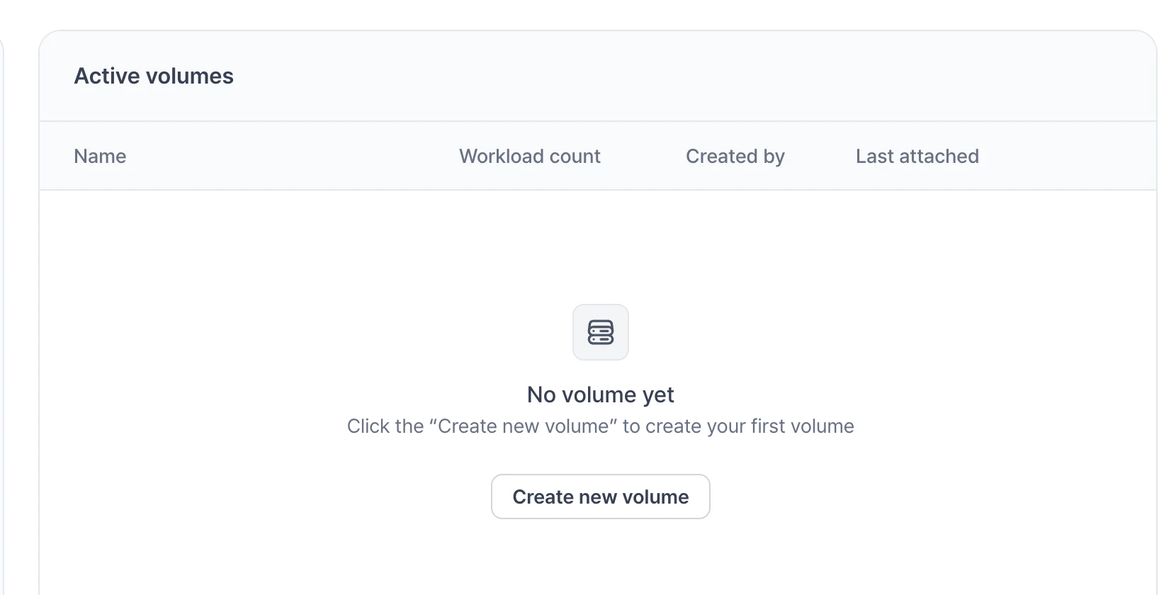 Active volumes list with Name, Workload count, Created by, and Last attached columns in the table header