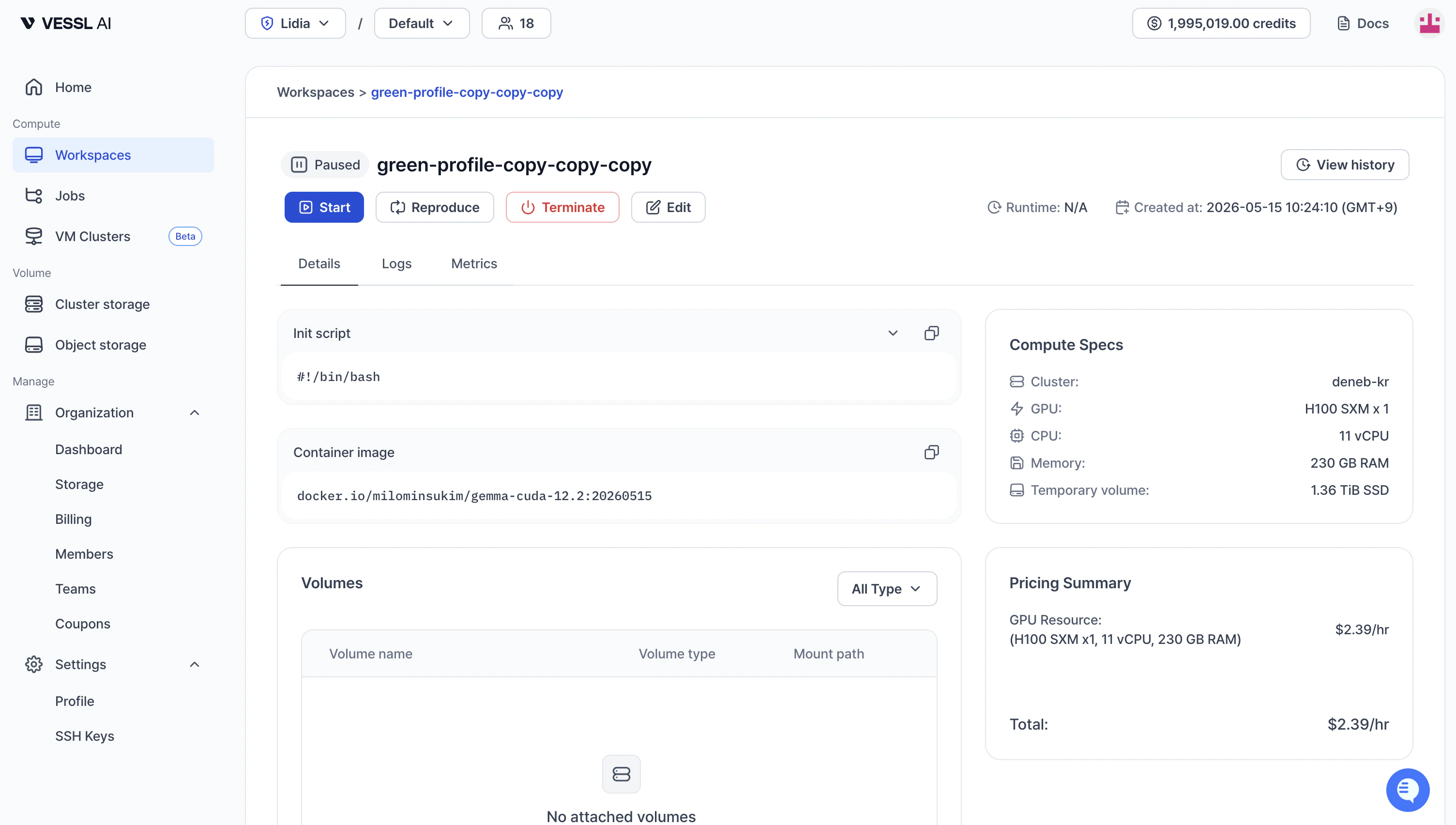 Paused workspace detail page with init script, container image, attached volumes, compute specs, and pricing summary all visible side by side