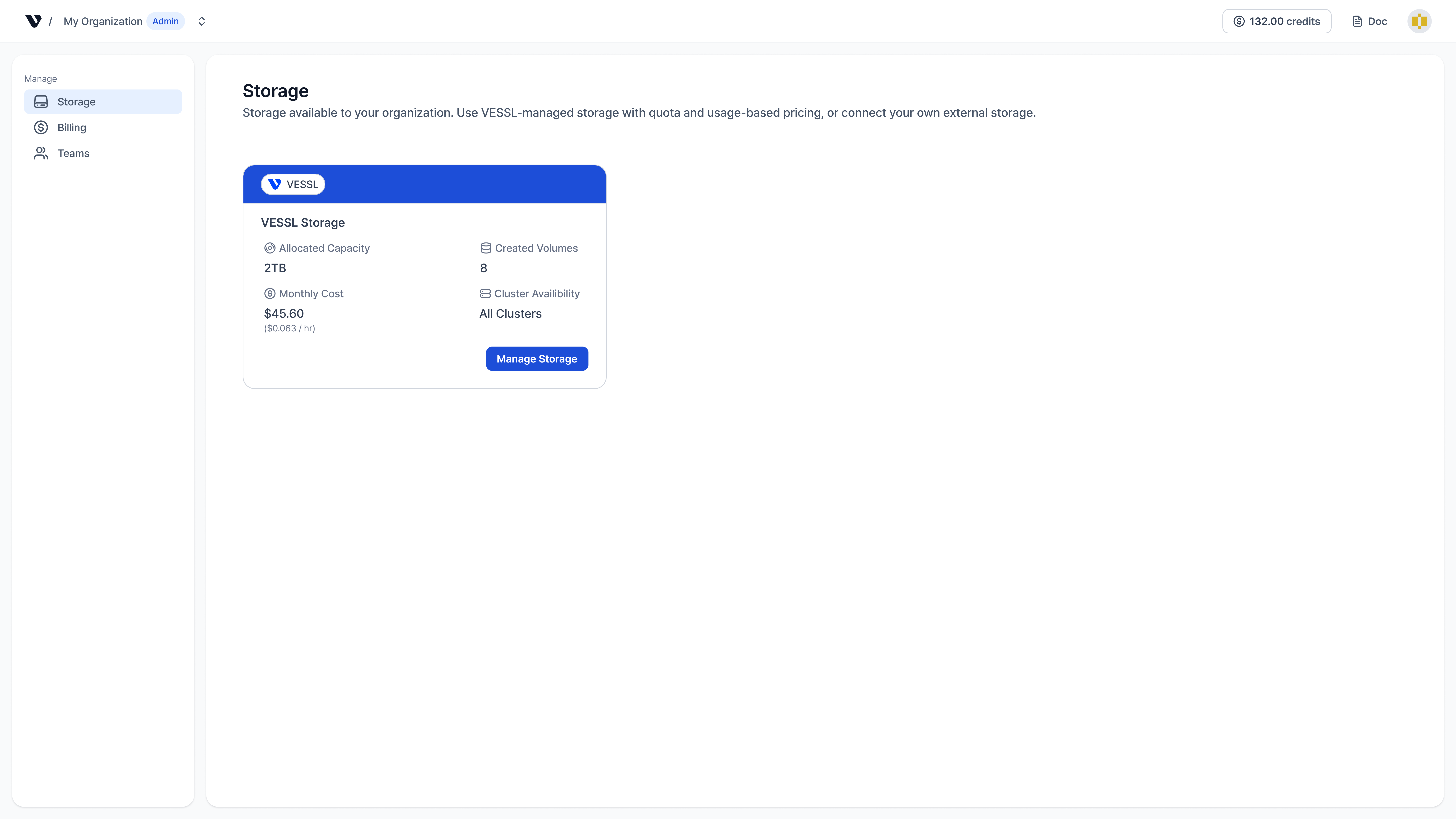 Volume list on VESSL.