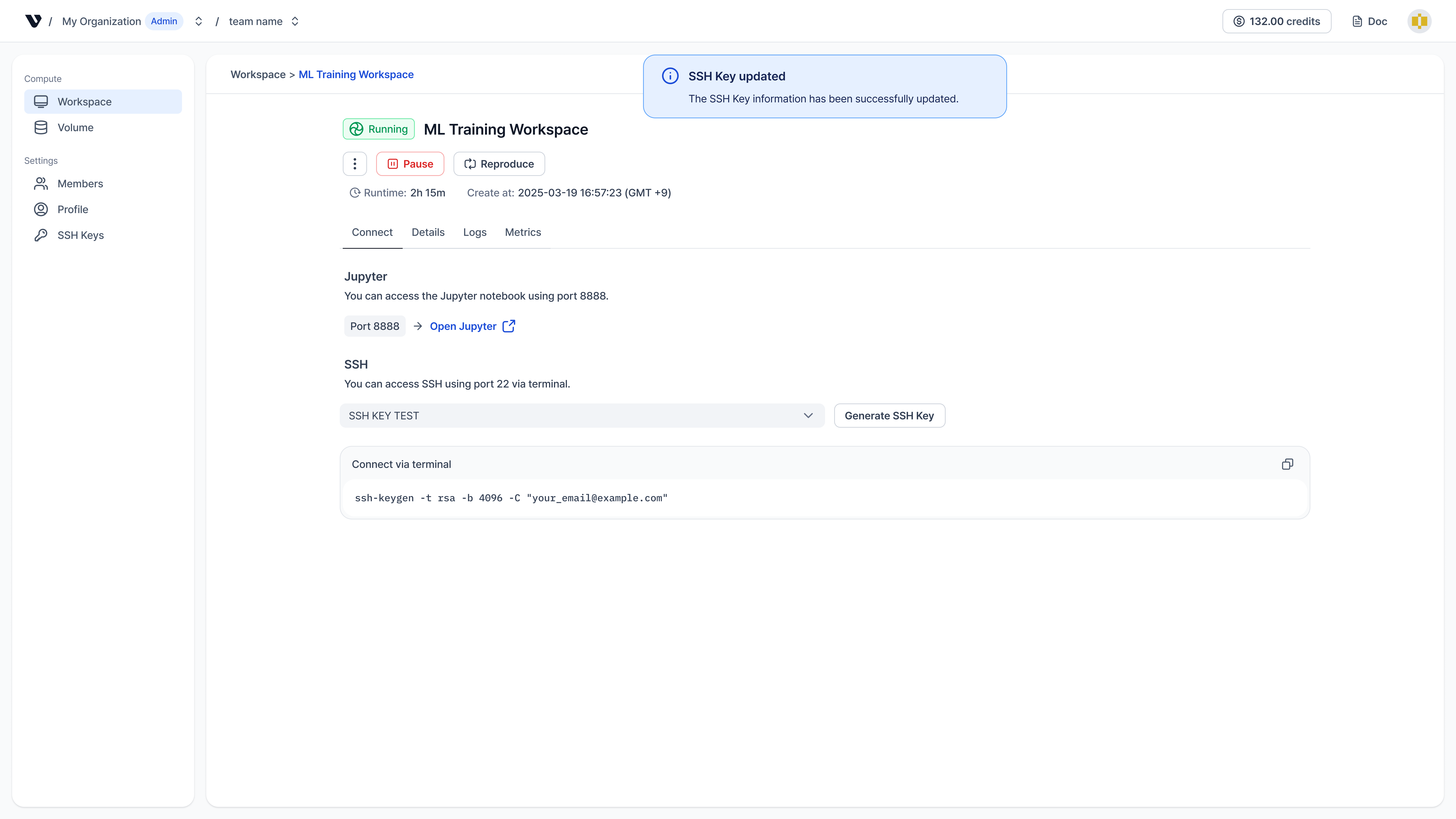 Workspace Details-Connect on VESSL.