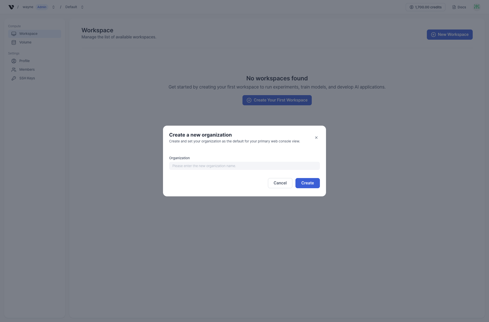 Create organization on VESSL.