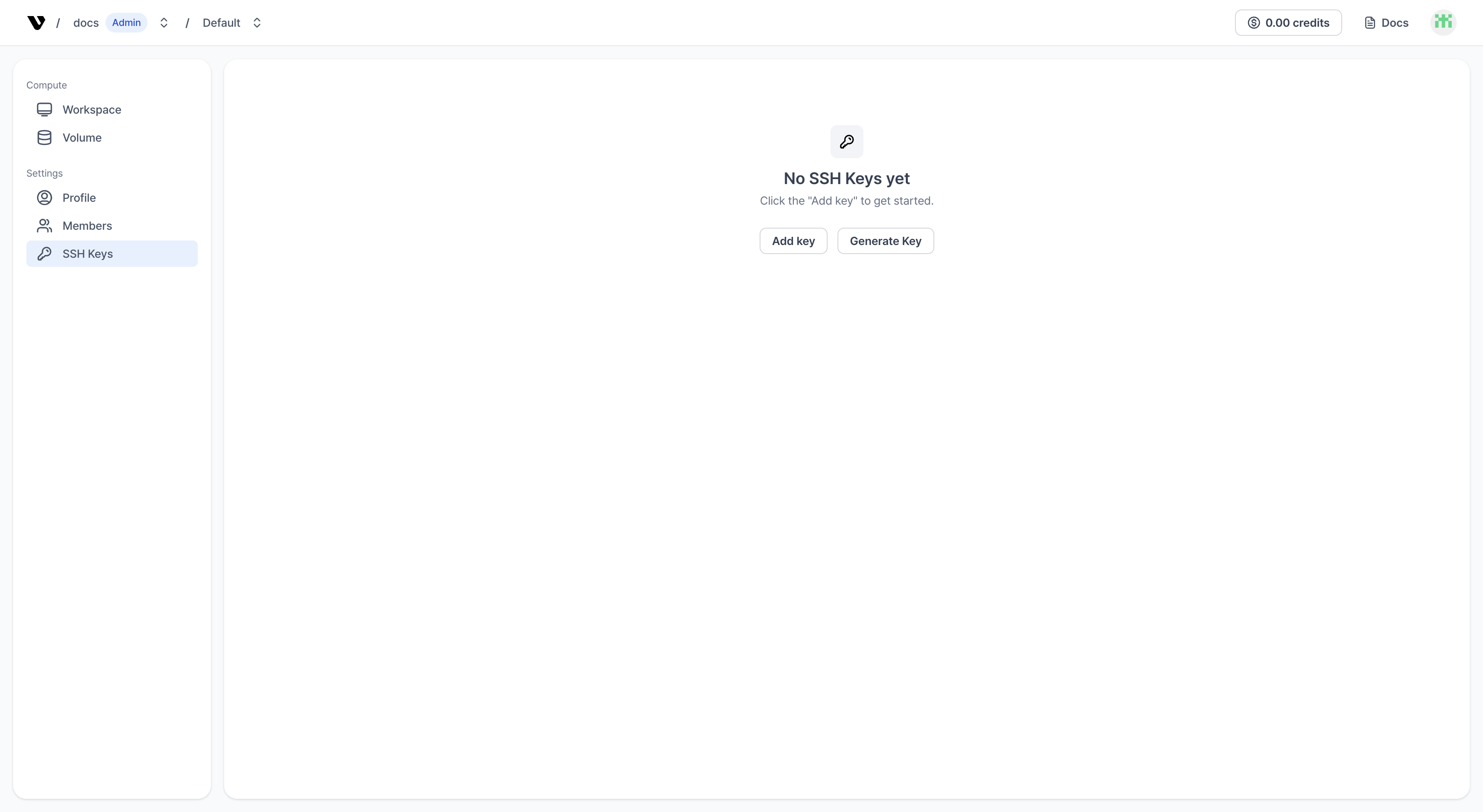 SSH keys empty state with Add and Generate buttons