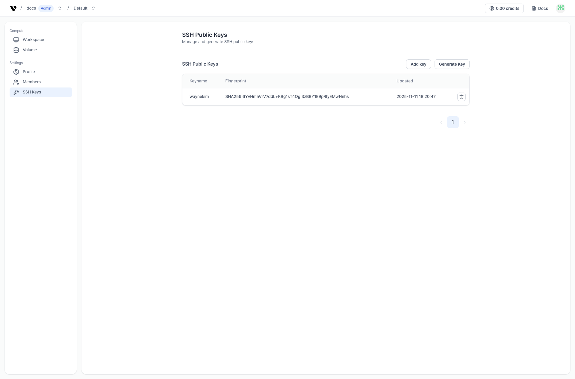 SSH keys list screenshot