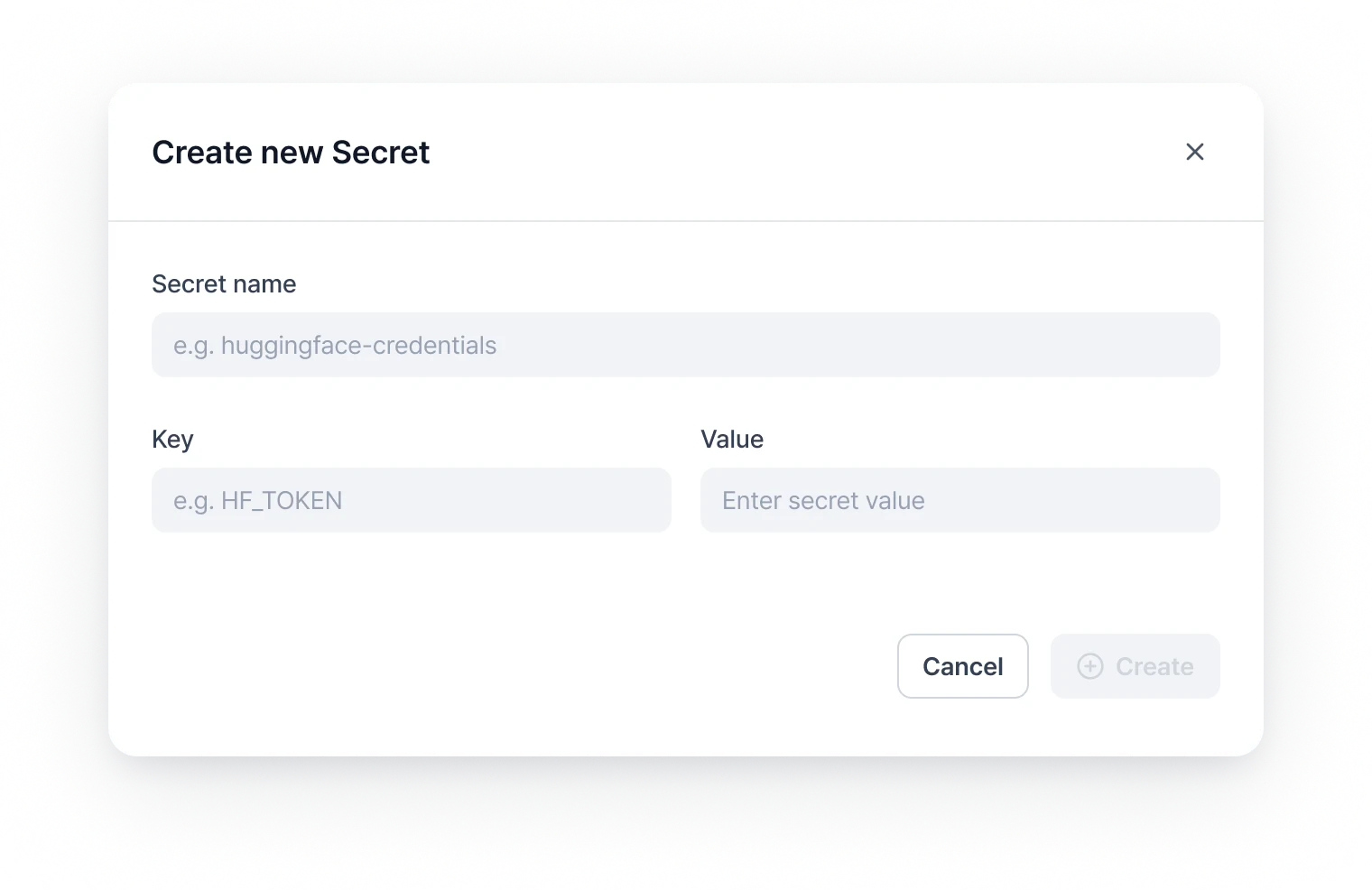 Create new Secret modal with Secret name, Key, and Value fields, plus Cancel and Create buttons