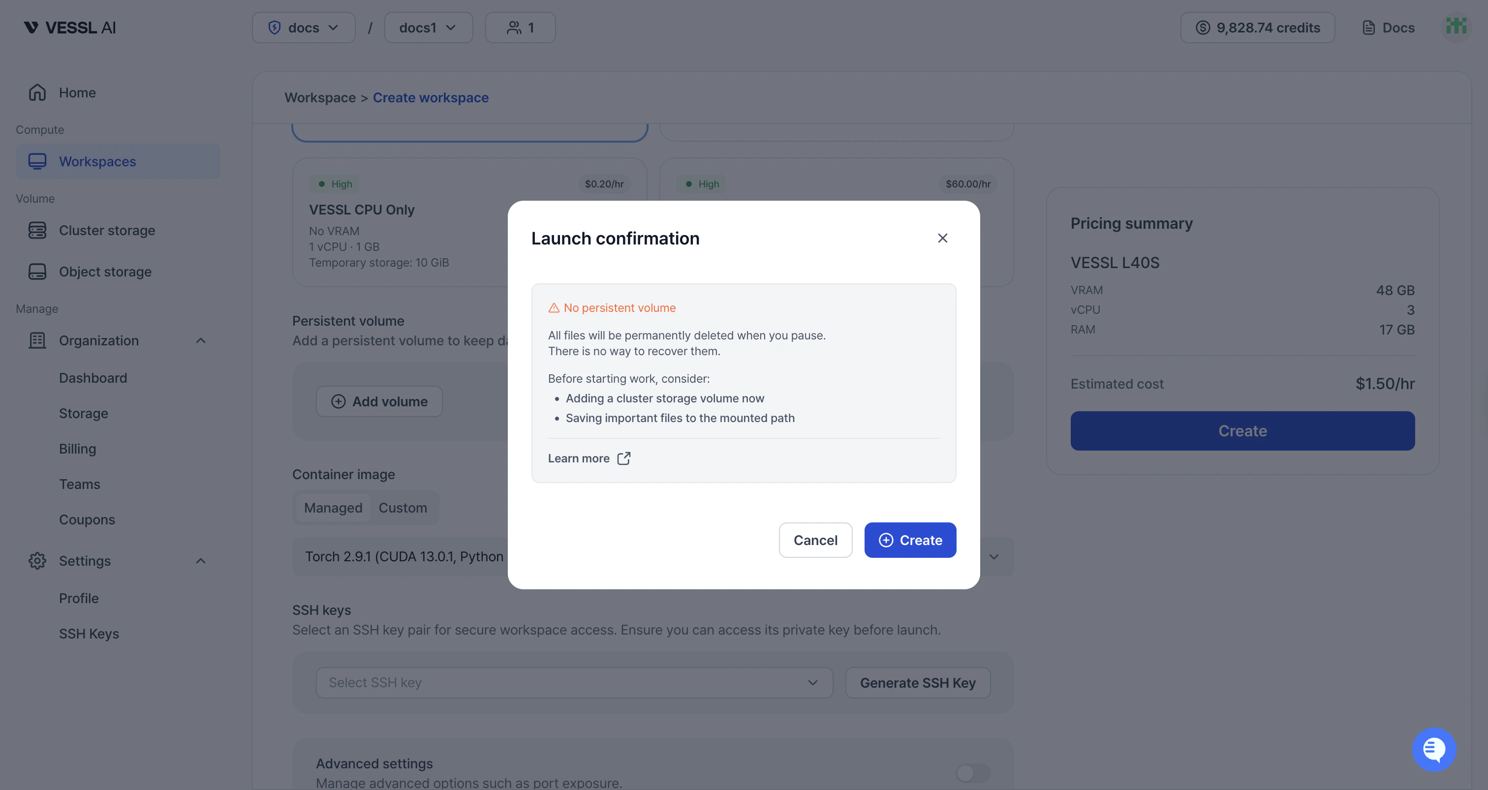 Launch confirmation without persistent volume