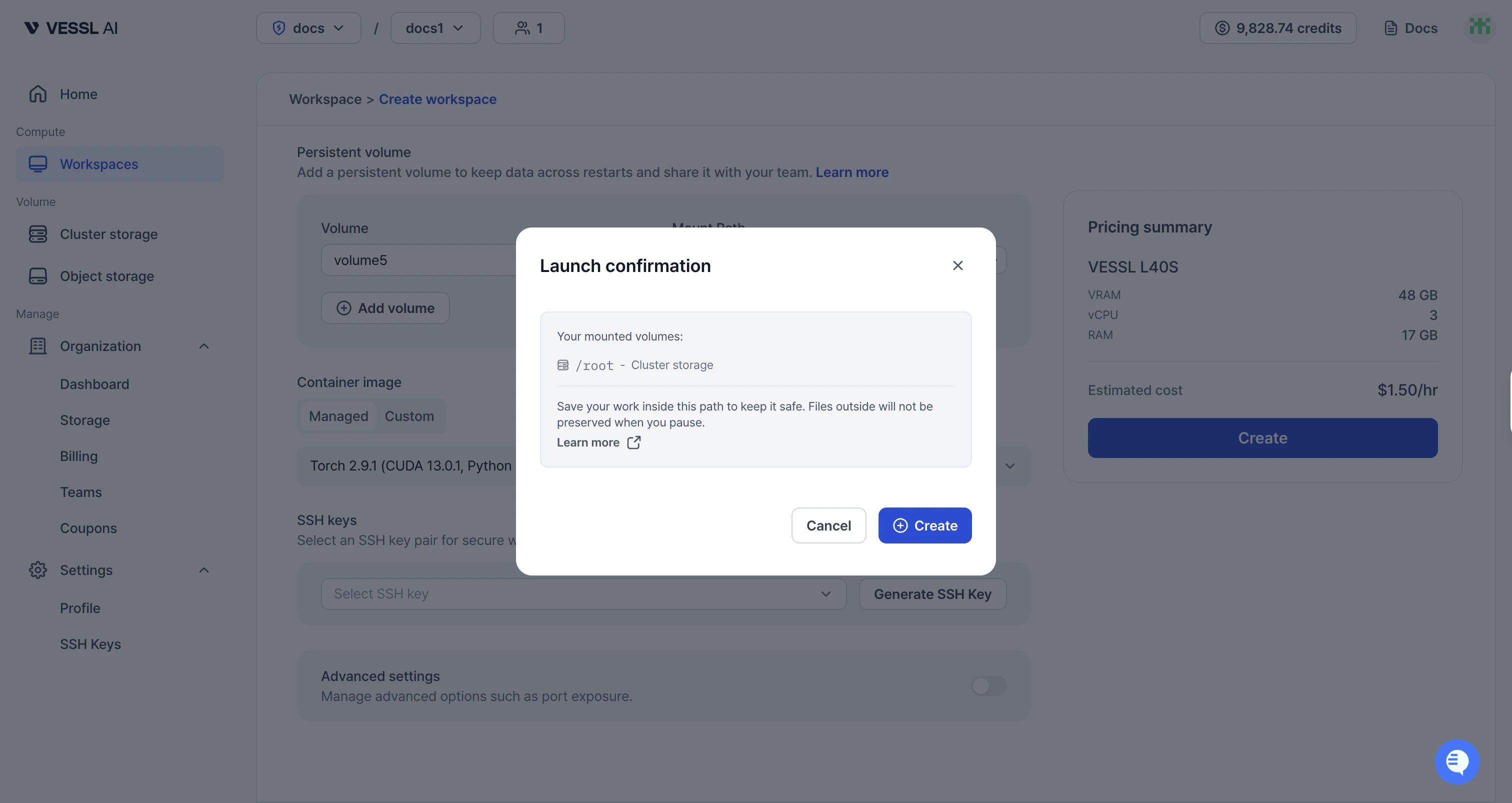 Launch confirmation with persistent volume