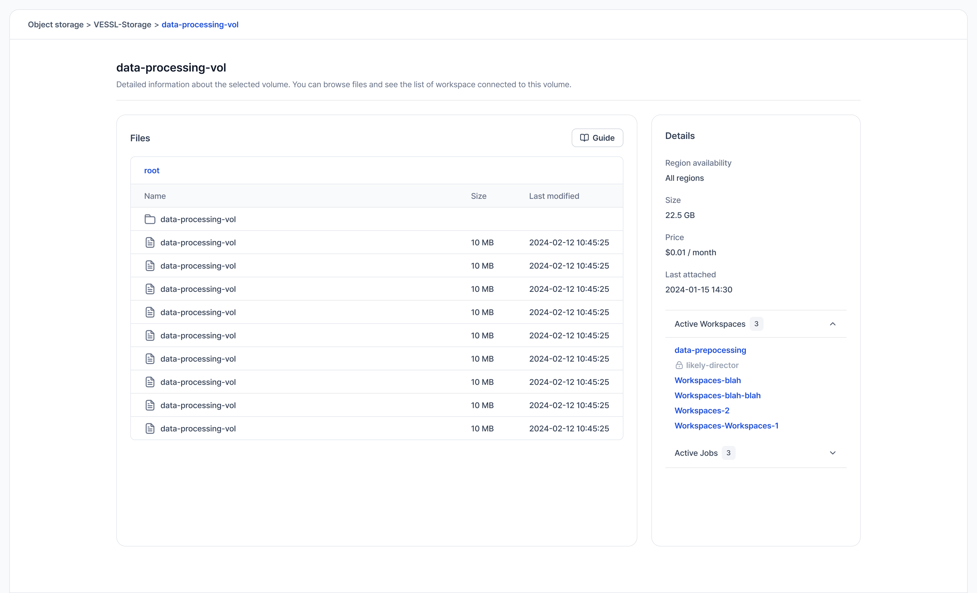 Volume detail page with file list, attached workspaces, and CLI guide panel