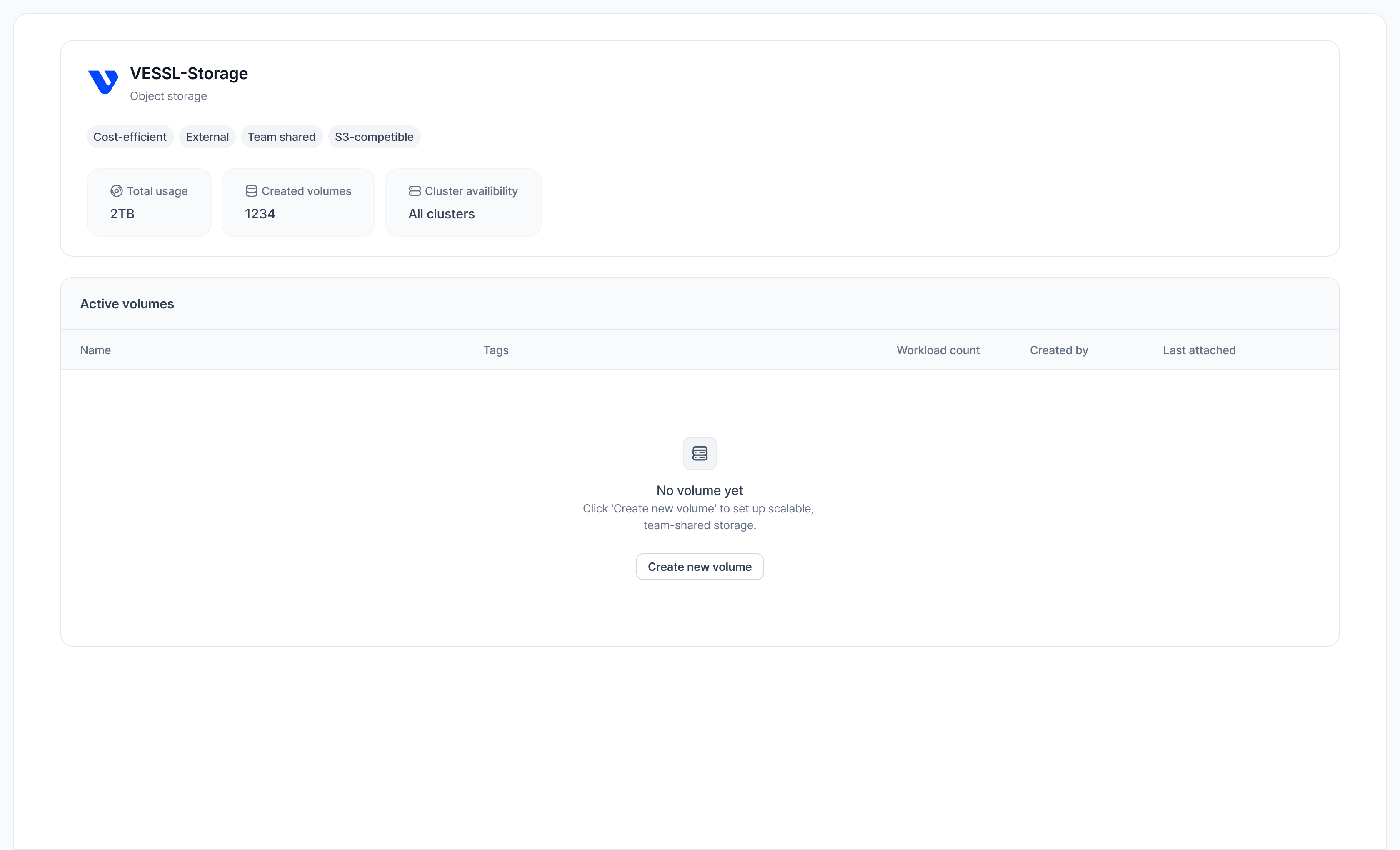 볼륨이 없을 때 Create new volume 버튼이 강조된 Object storage 페이지