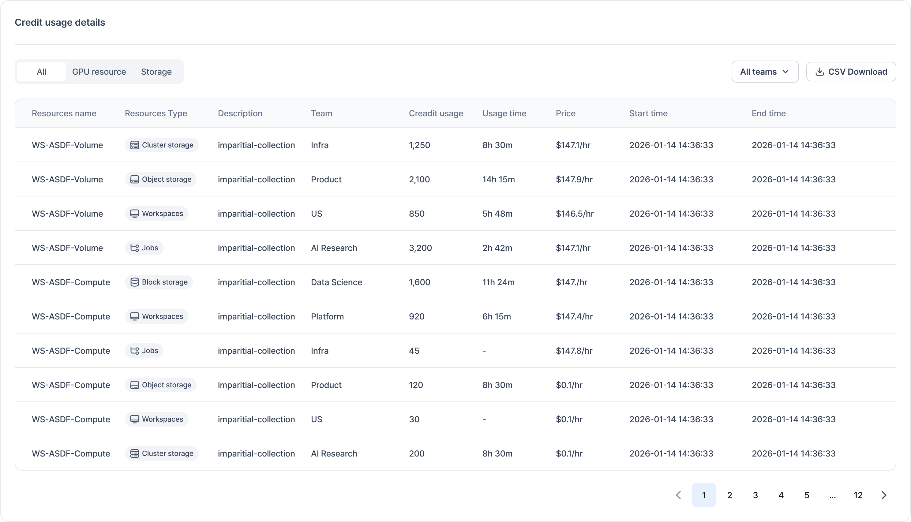 Credit usage detail view with per-entry breakdown, invoice download, and refund request options