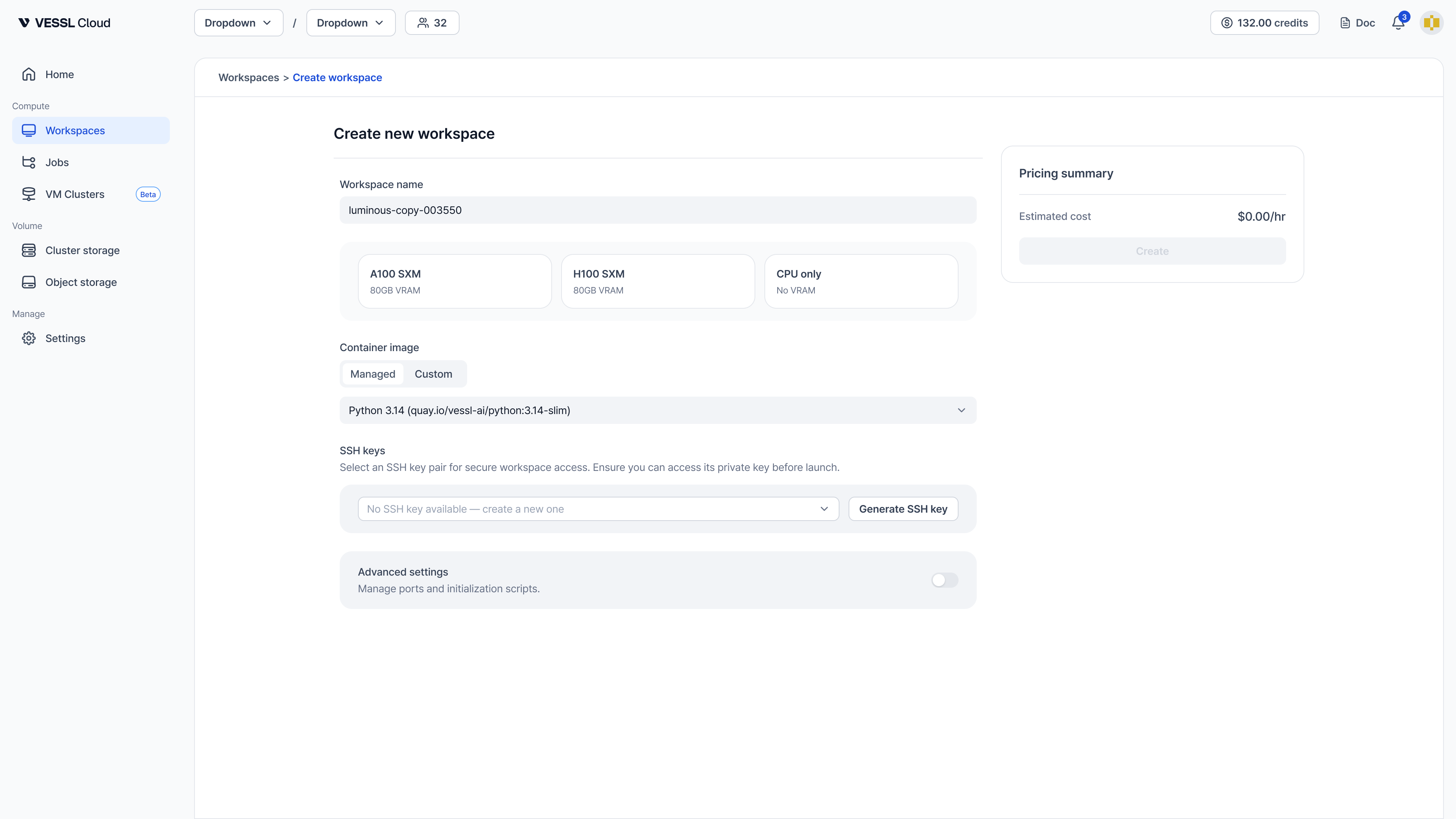 New resource spec selection with three-step flow