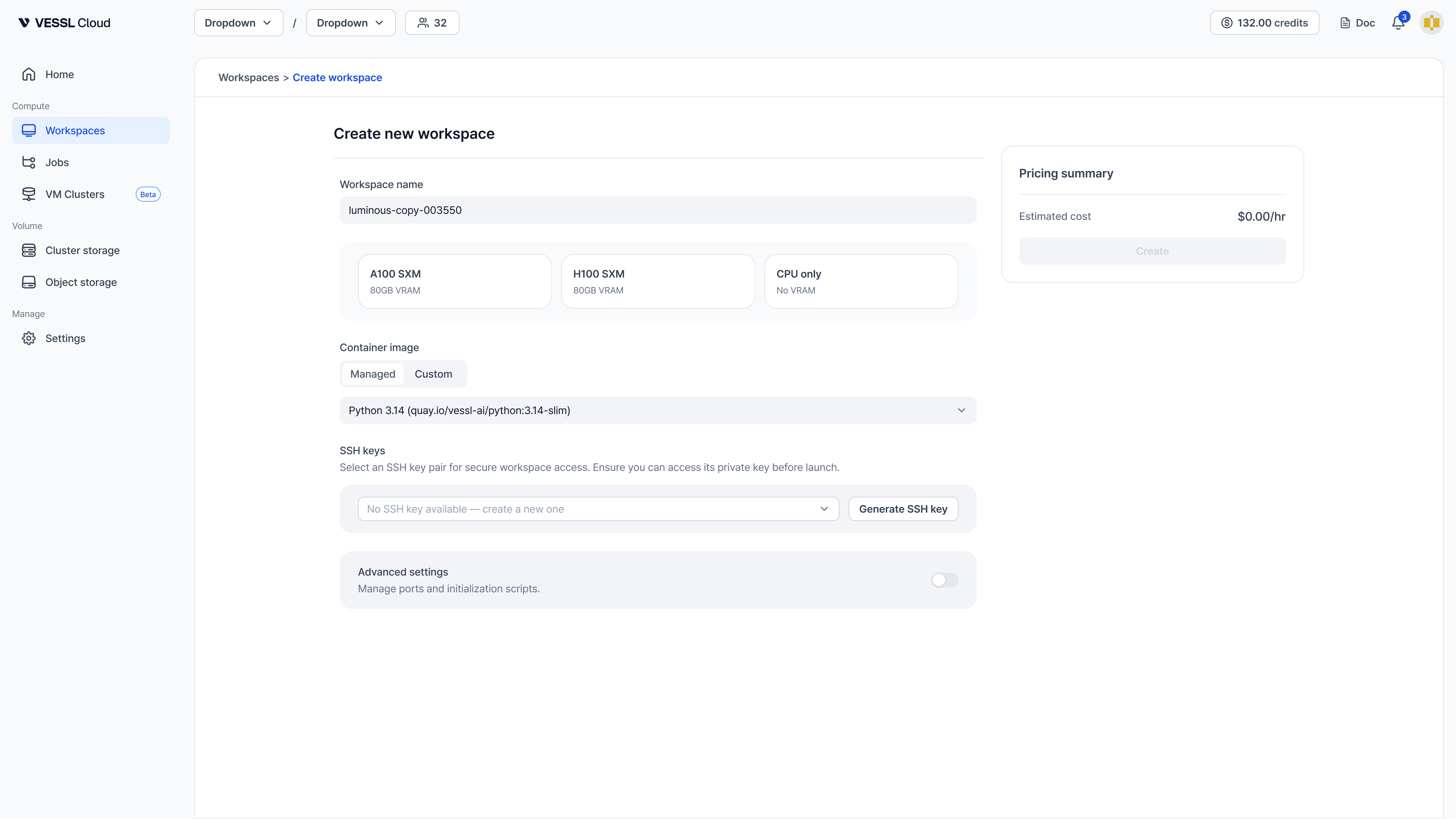 New resource spec selection with three-step flow