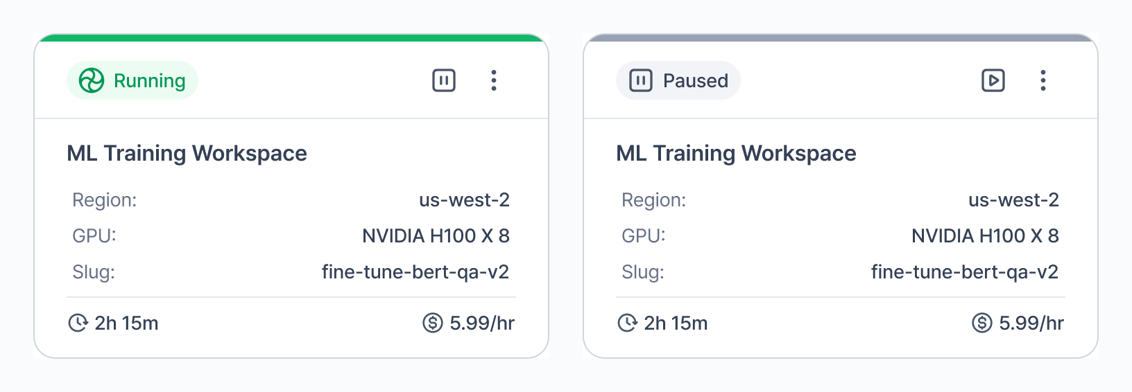 Running workspace card with a pause control next to a paused workspace card with a restart control