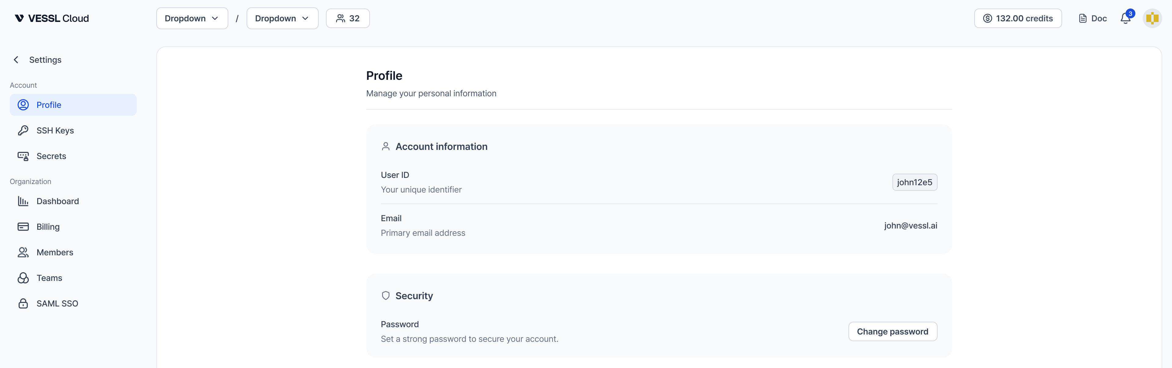 User ID와 Email이 있는 Account information 카드, Change password 버튼이 있는 Security 카드가 보이는 프로필 화면