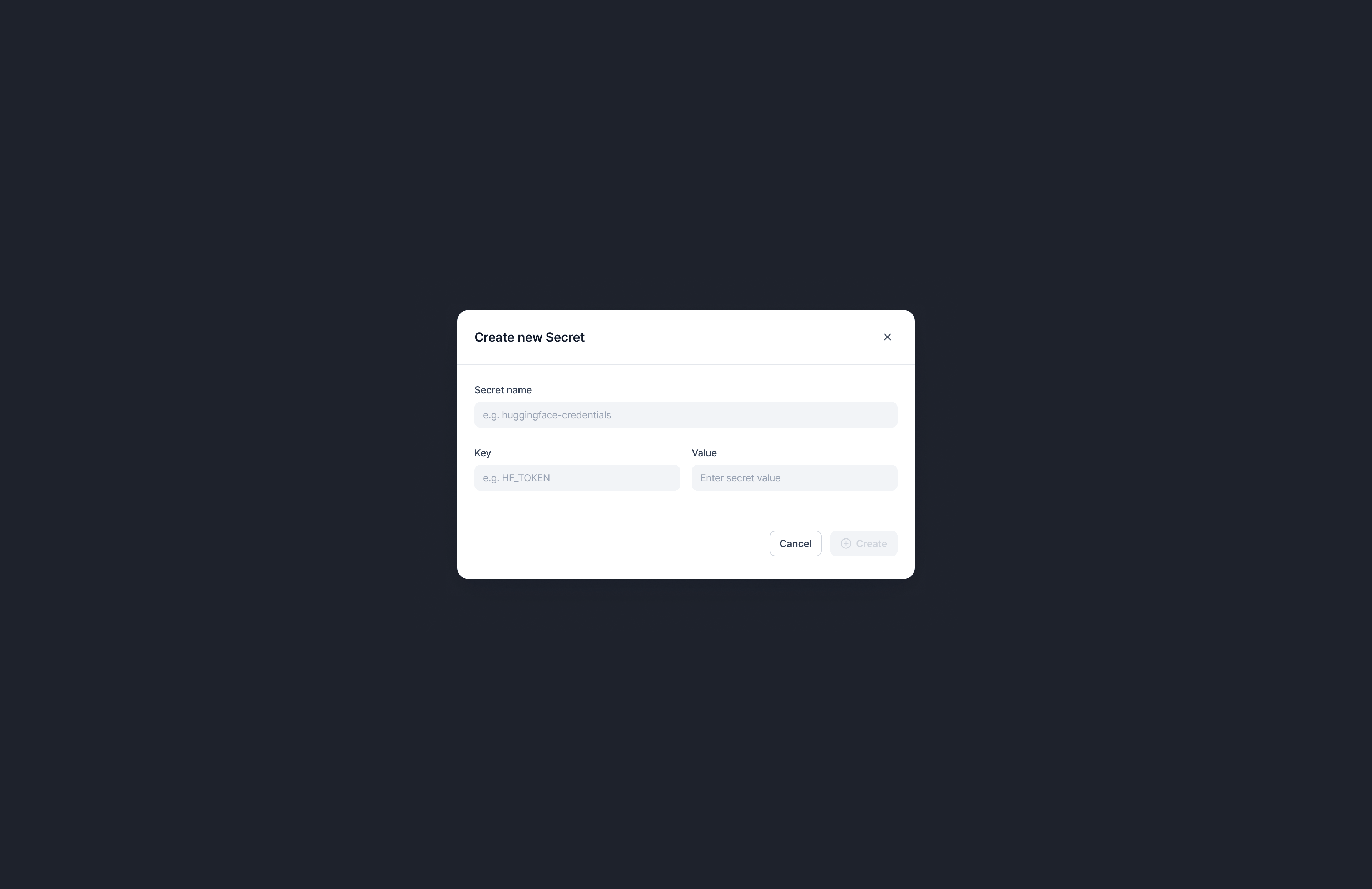 Create new Secret 모달: Secret name, Key, Value 입력란과 Cancel, Create 버튼