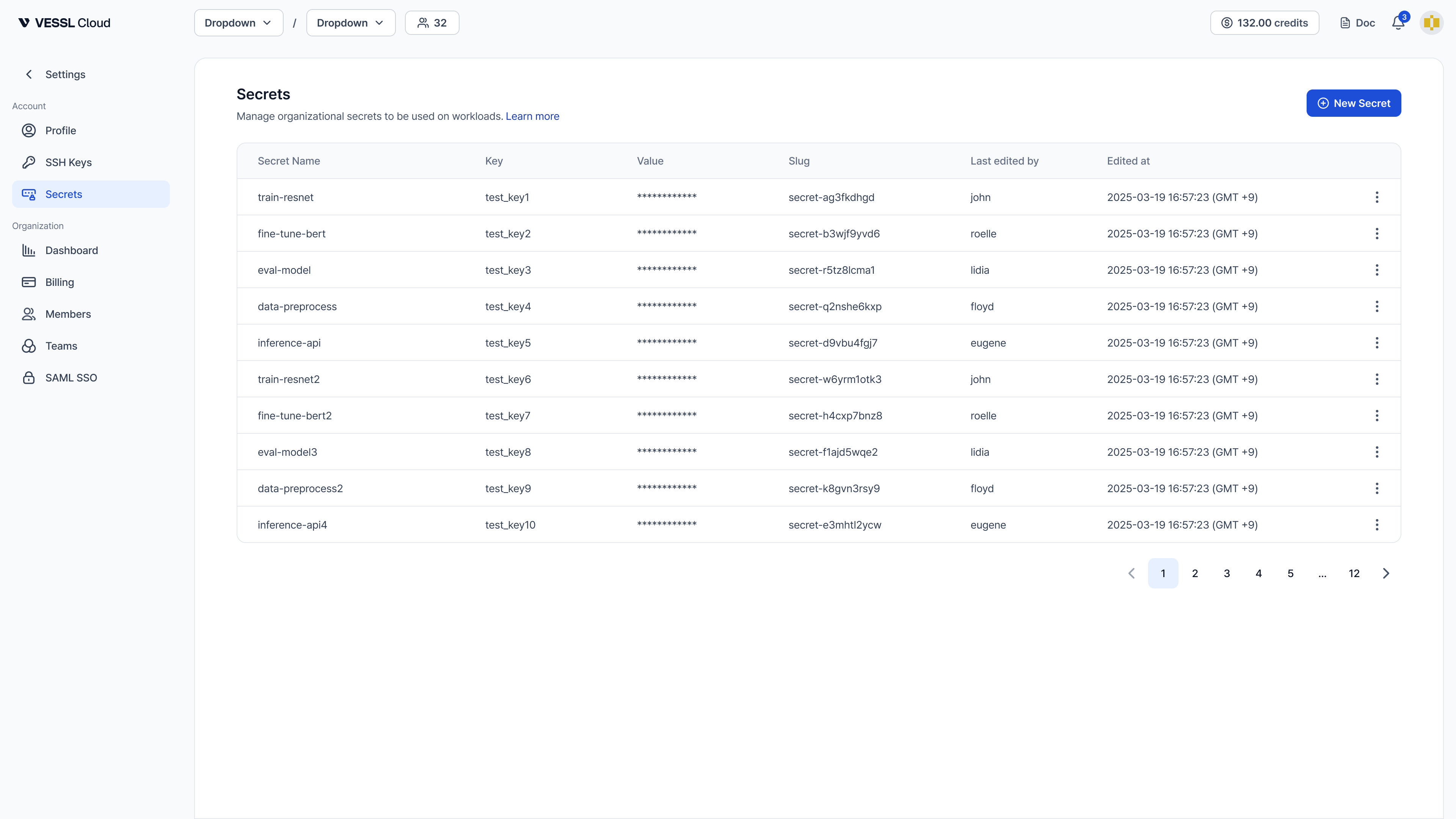 Secrets page as an admin sees it, with a table of secrets and a row menu for editing and deleting each secret