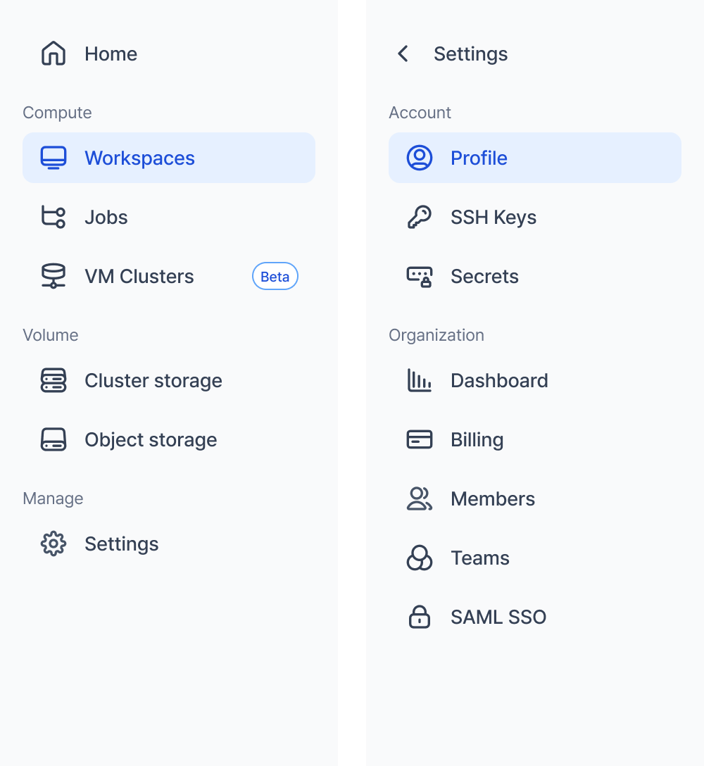 Main sidebar with Home, Compute, Volume, and Manage groups next to the Settings view with Account and Organization menus