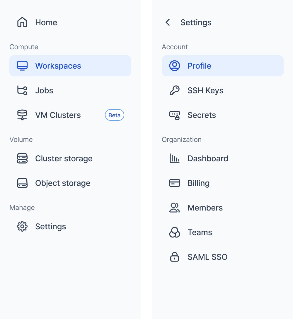 Main sidebar with Home, Compute, Volume, and Manage groups next to the Settings view with Account and Organization menus