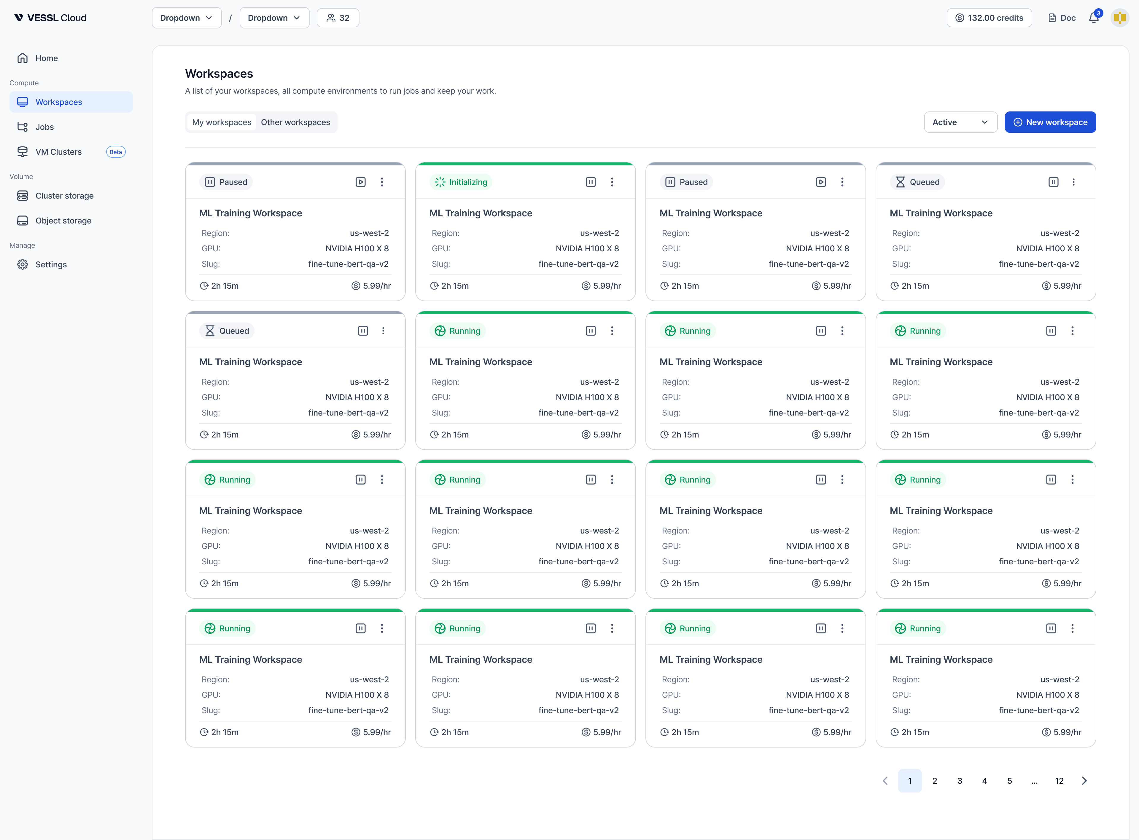 Workspace tab listing running and paused environments with their resources and cost