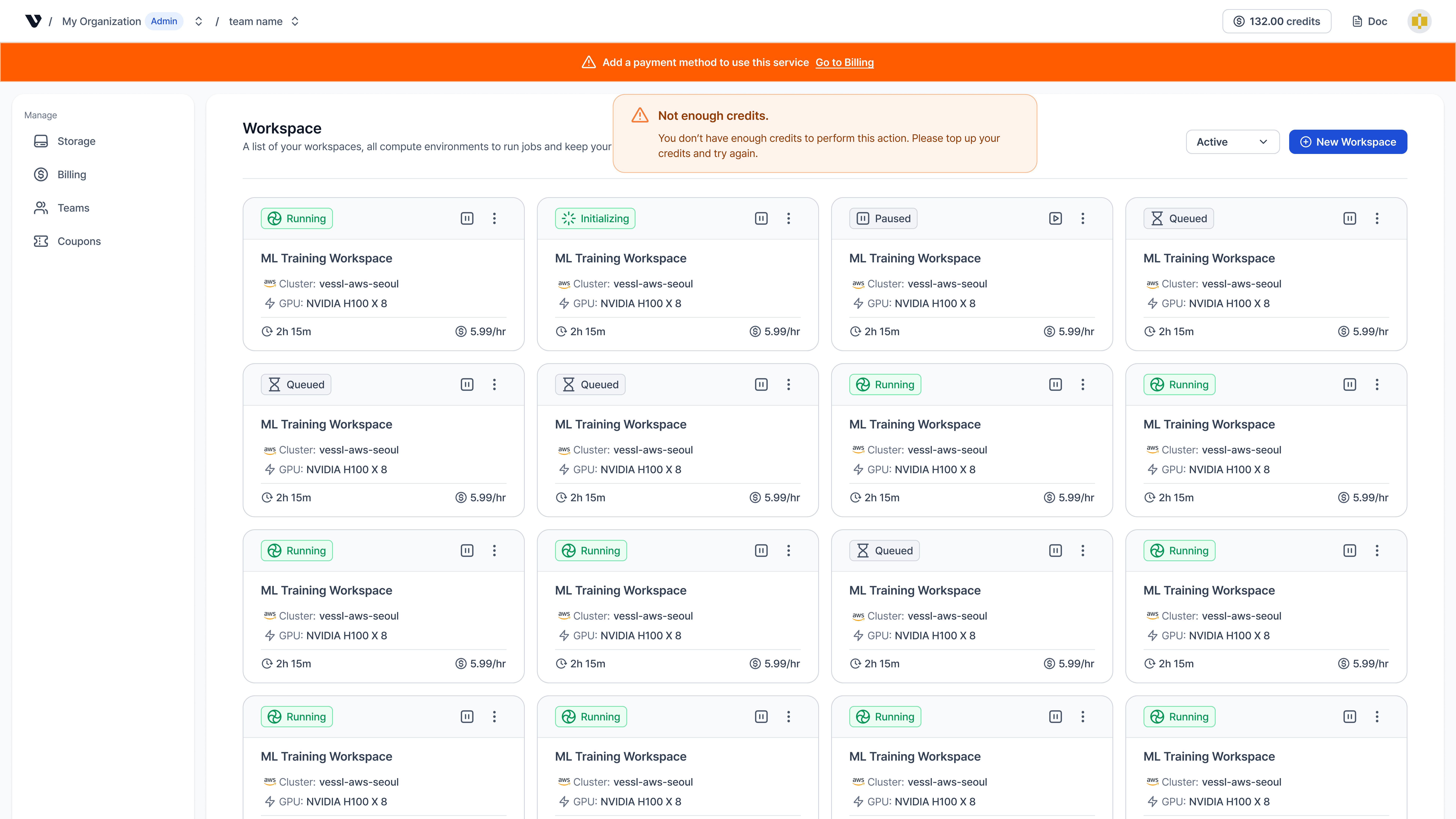 Payment method registration banner on workspace page