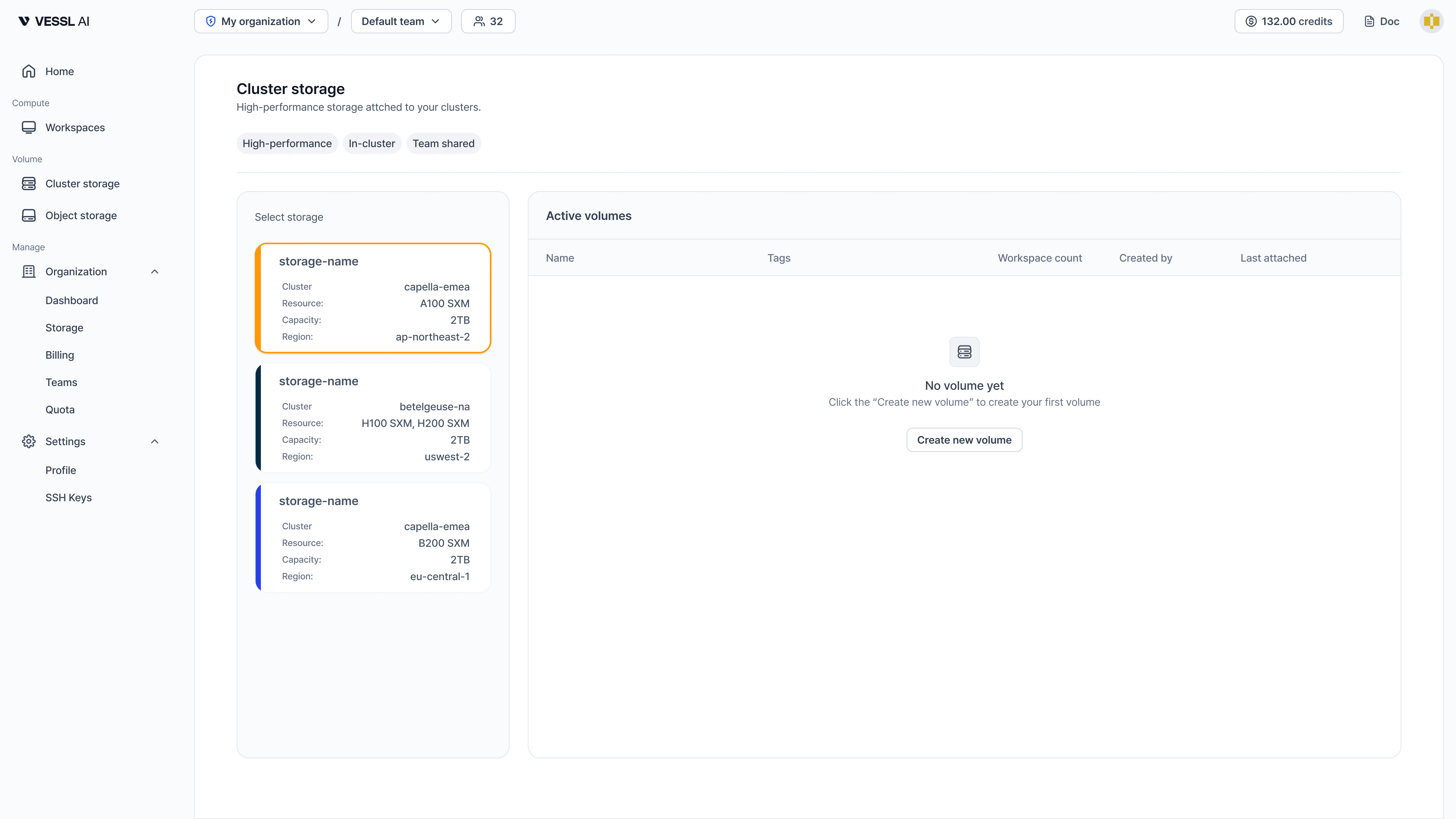 Organization storage management page on VESSL Cloud.