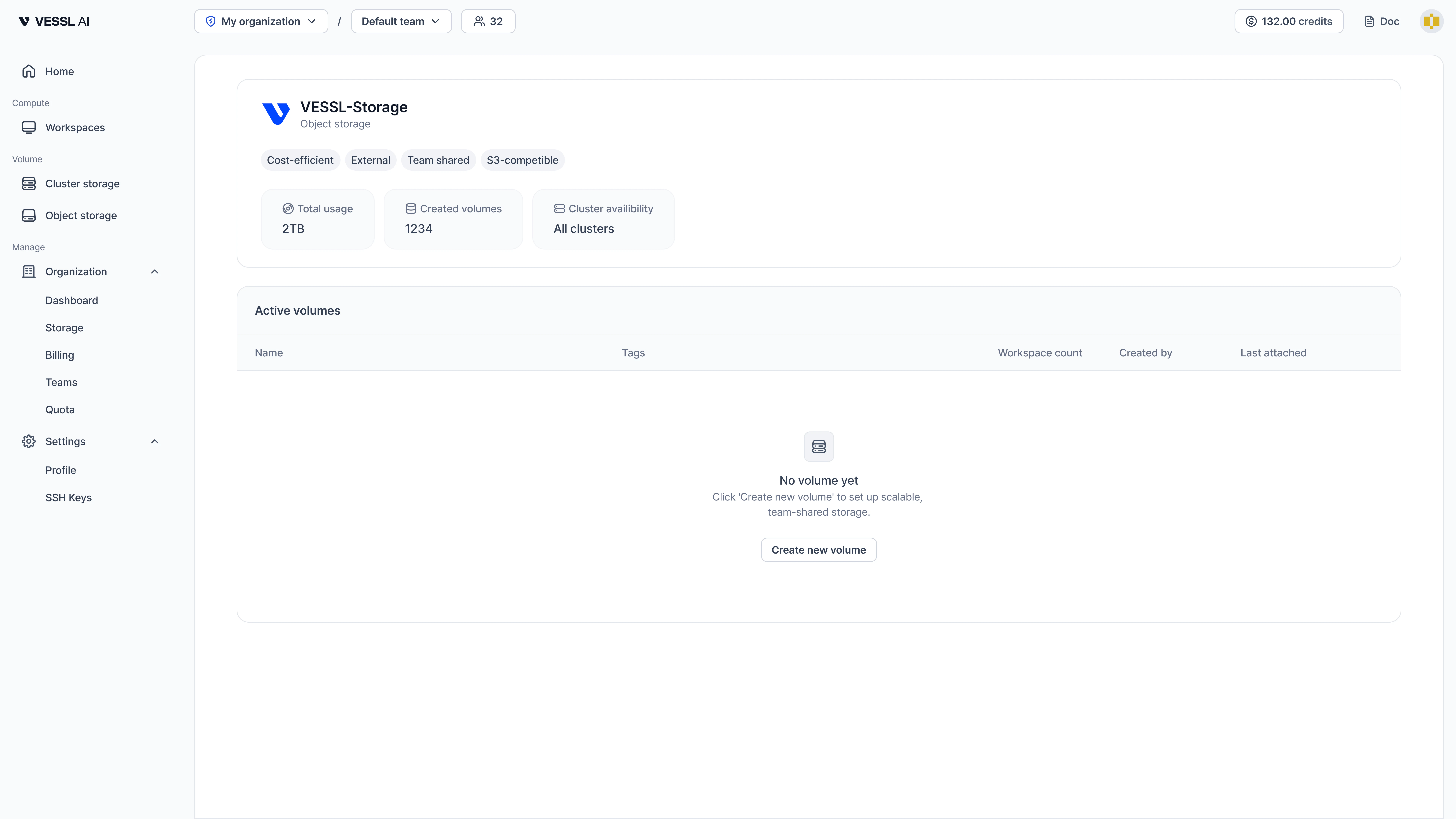 Object storage page on VESSL Cloud.