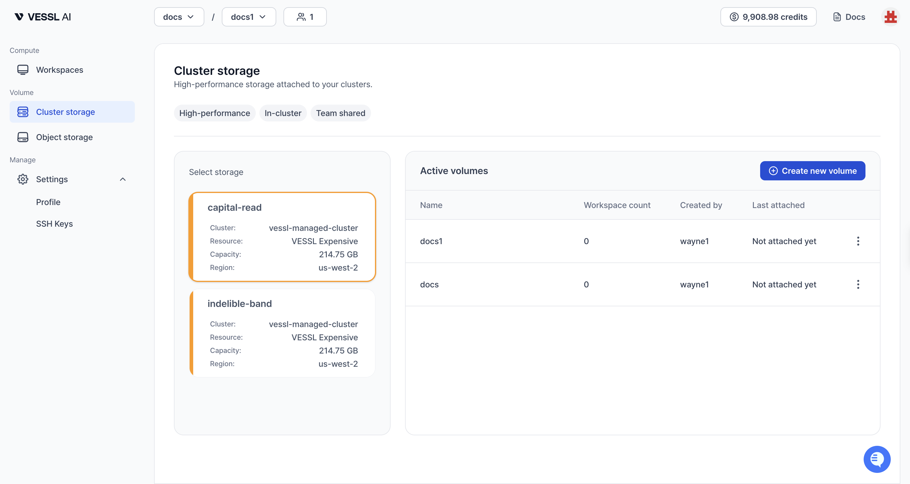 Cluster storage volume list screenshot
