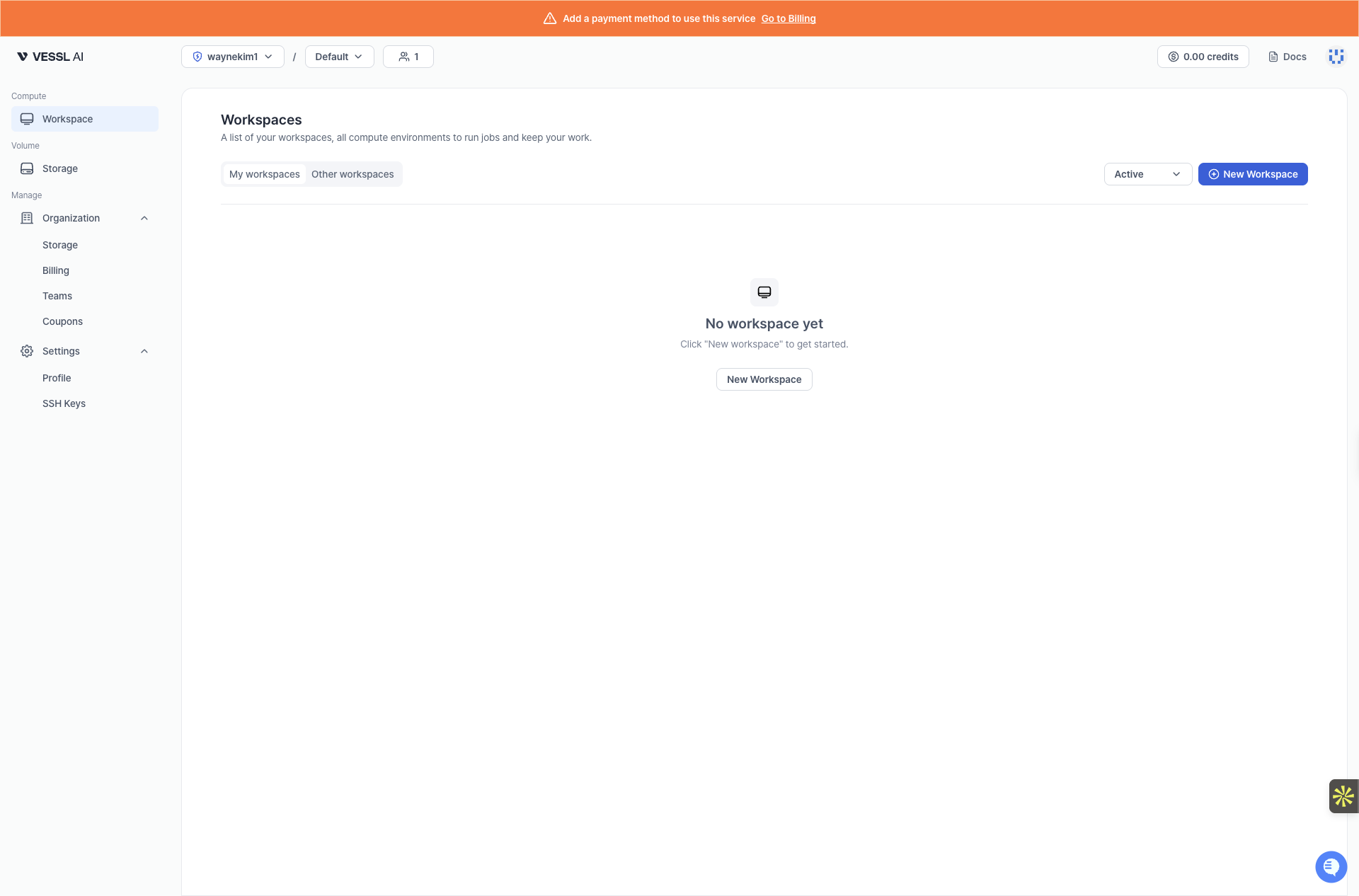 Main dashboard on VESSL.