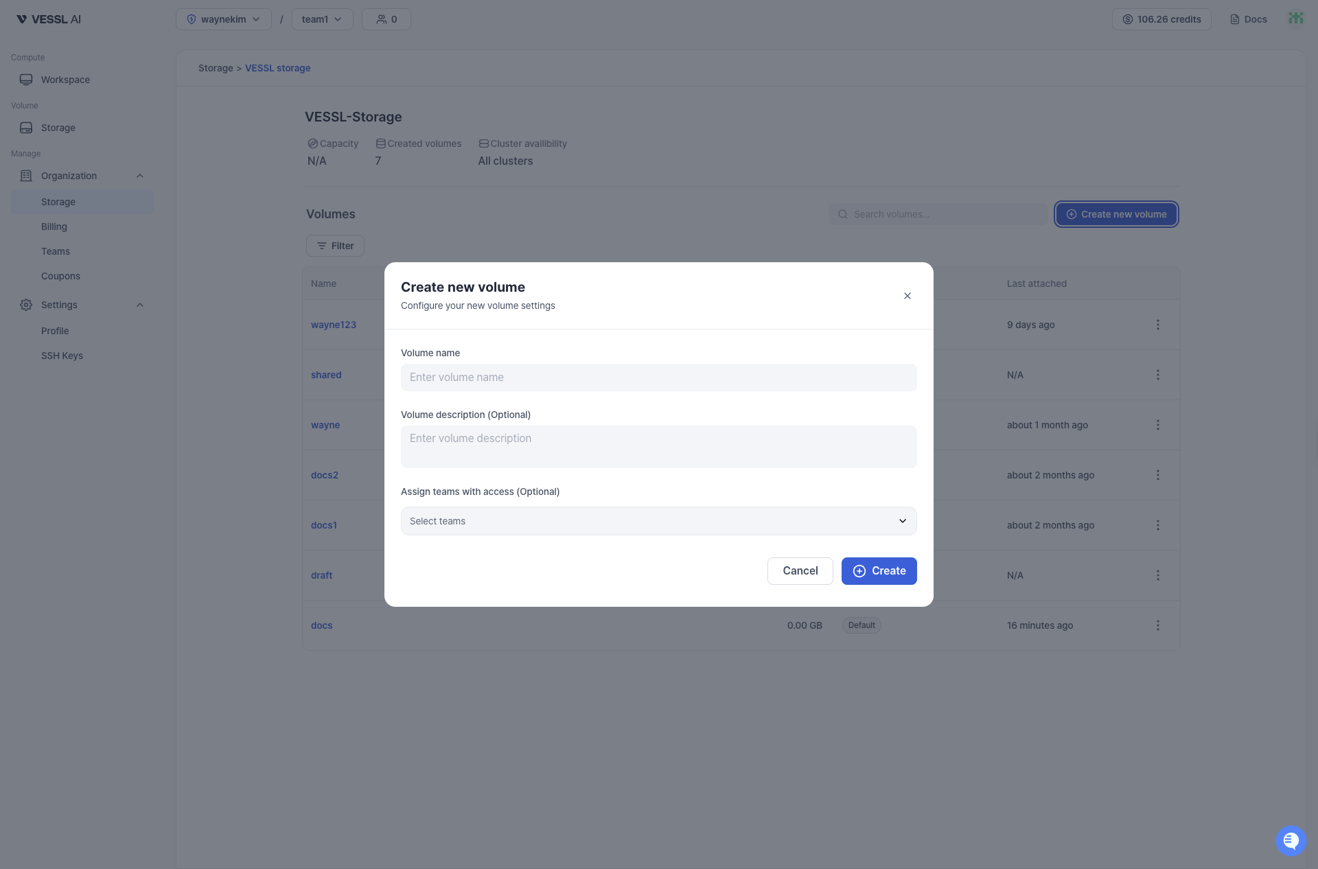 Create new volume on VESSL.
