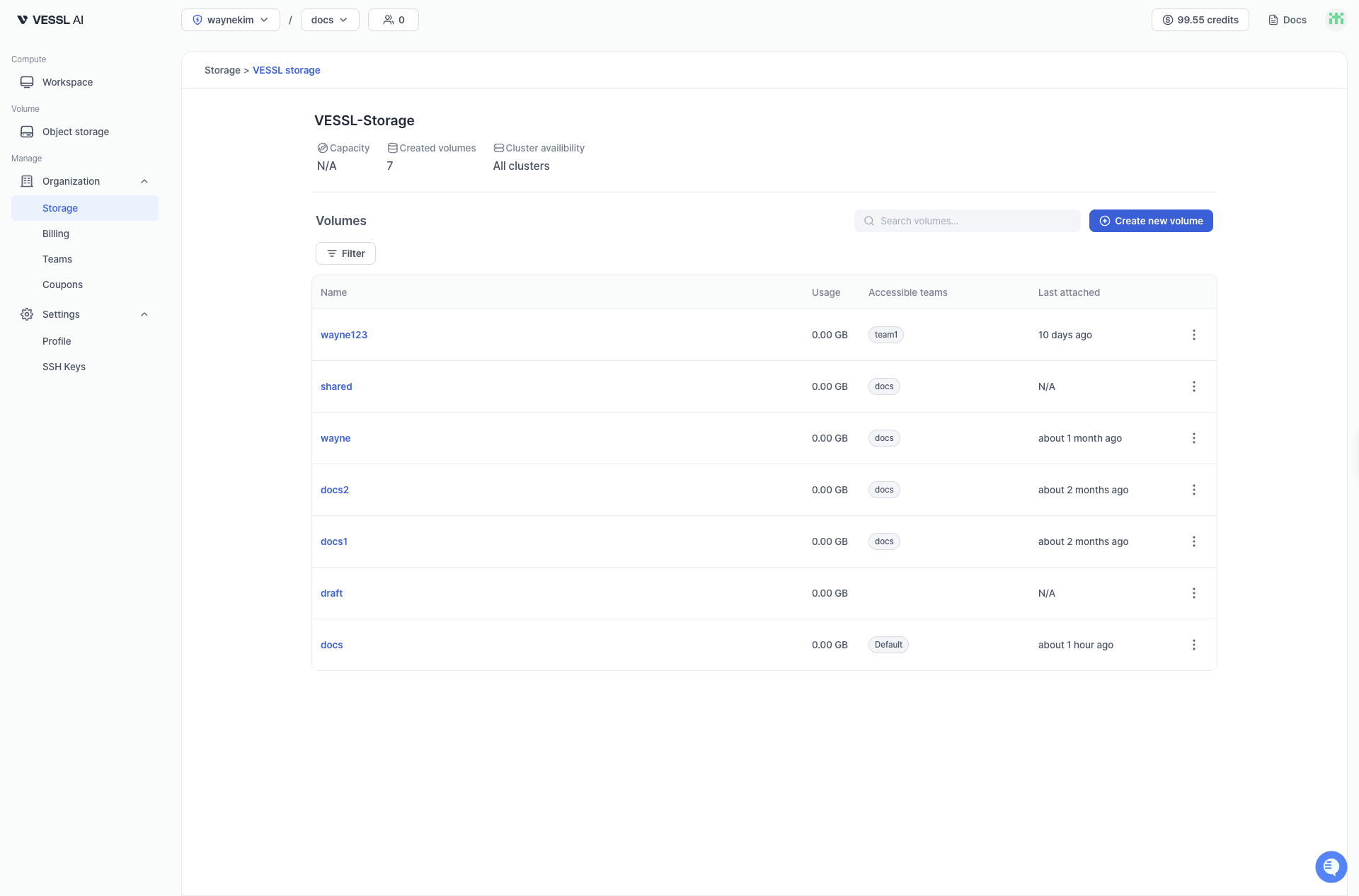 Volume list screenshot