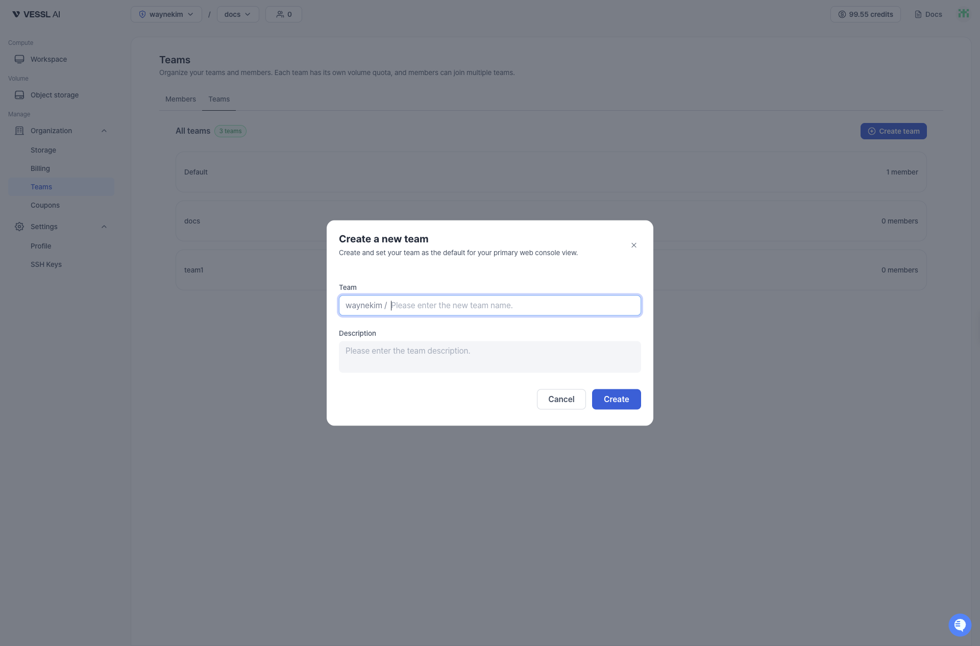 Create a new team dialog screenshot