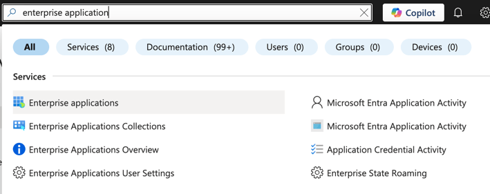 Microsoft Entra 검색창에서 Enterprise applications를 찾는 화면