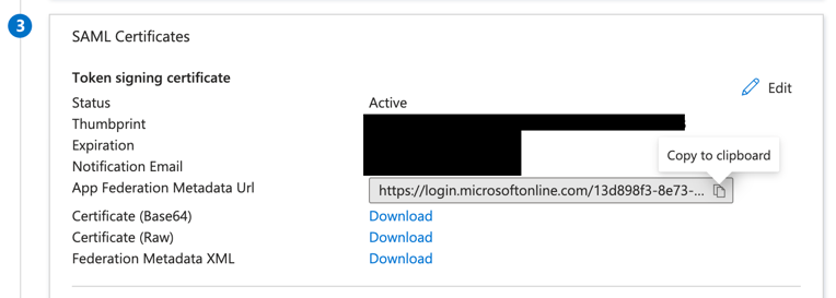 App Federation Metadata URL이 표시된 SAML certificates 섹션