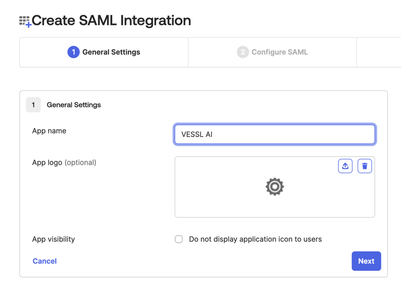 SAML 2.0 옵션이 선택된 Okta 앱 통합 마법사