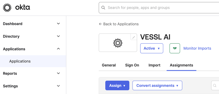 Assign to People 옵션이 표시된 Okta Assignments 탭