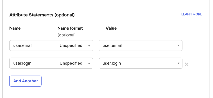 user.email과 user.login 행이 입력된 Okta Attribute Statements 테이블