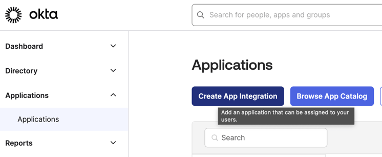 Create App Integration 버튼이 있는 Okta 애플리케이션 페이지