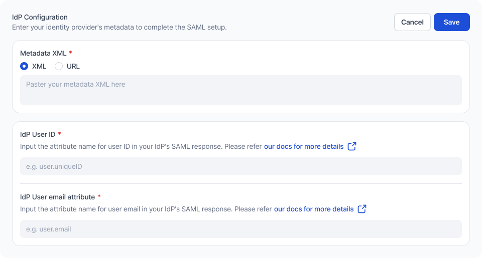 Metadata XML, IdP User ID, IdP User email attribute 입력란이 있는 IdP Configuration 폼