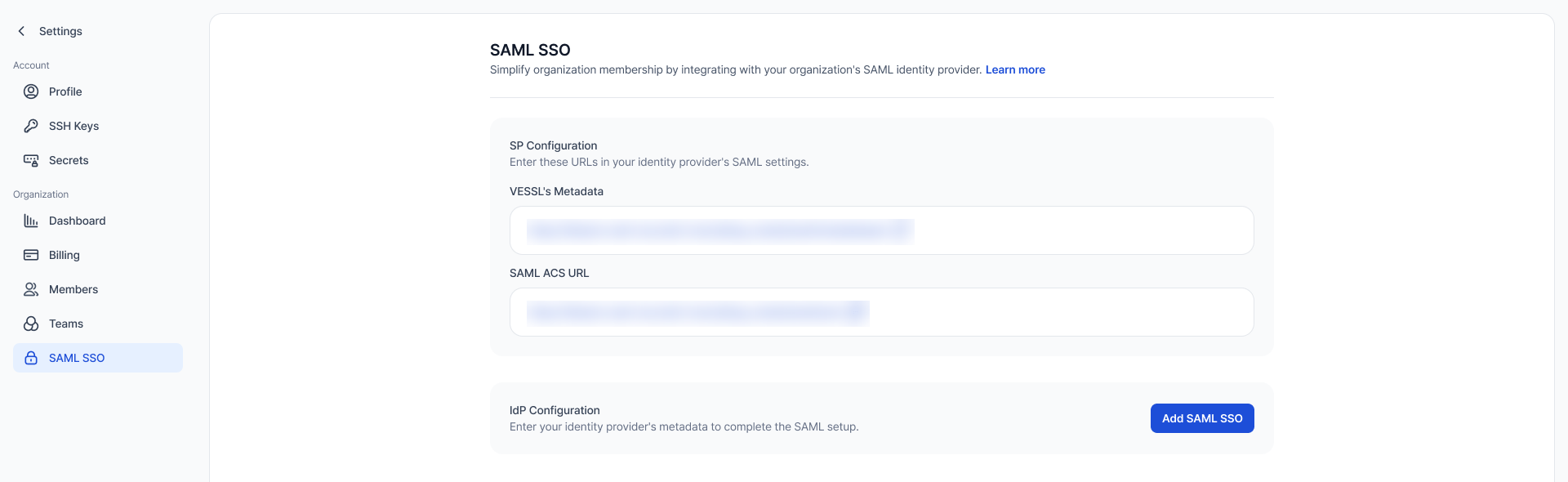 SP Configuration URL과 Add SAML SSO 버튼이 있는 SAML SSO 설정 페이지