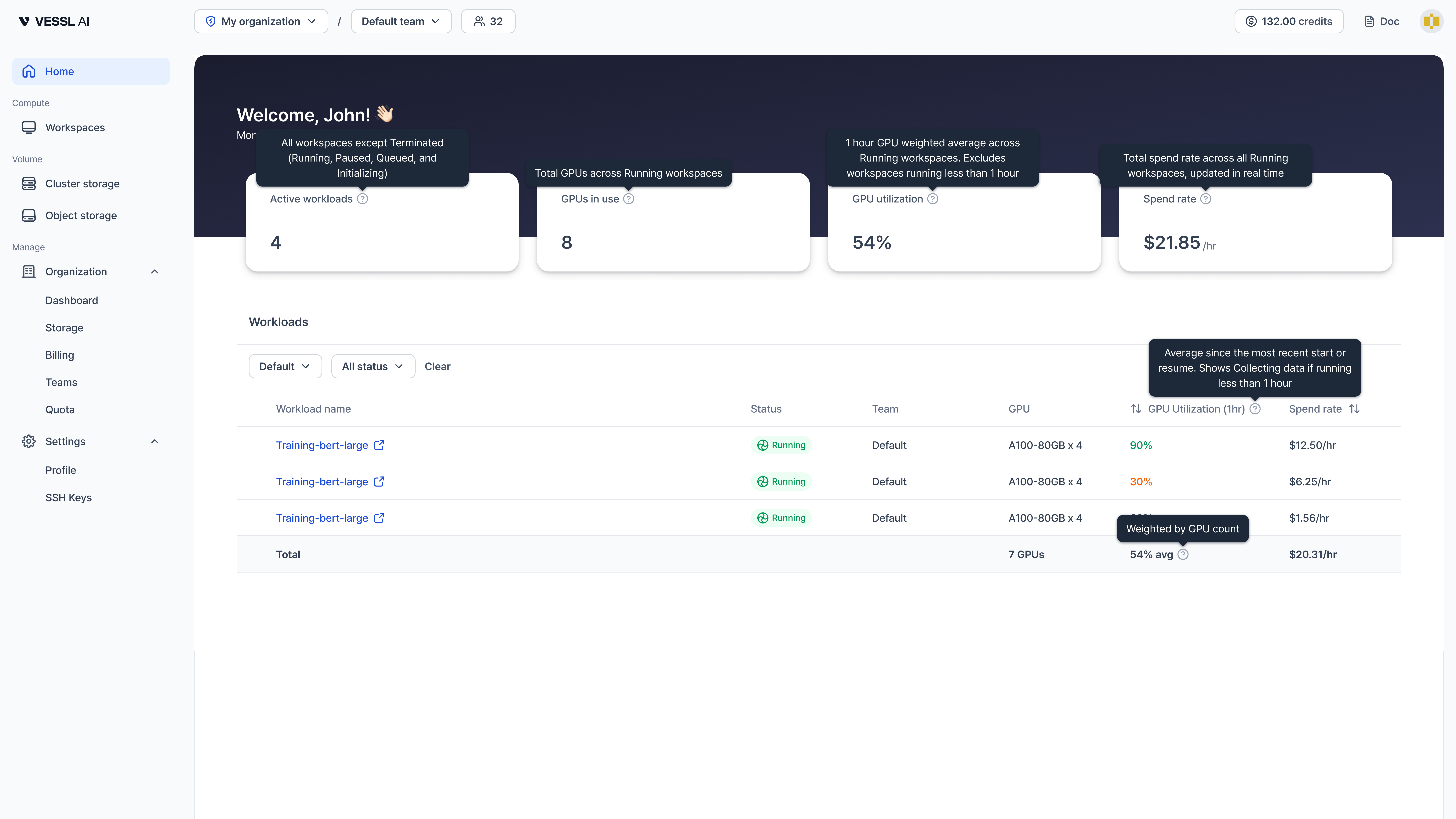 Summary card with tooltip hover revealing how each metric is calculated