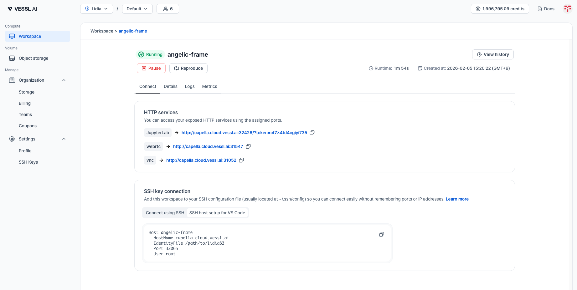 HTTP 서비스와 SSH 키 연결 정보가 표시된 Connect 탭