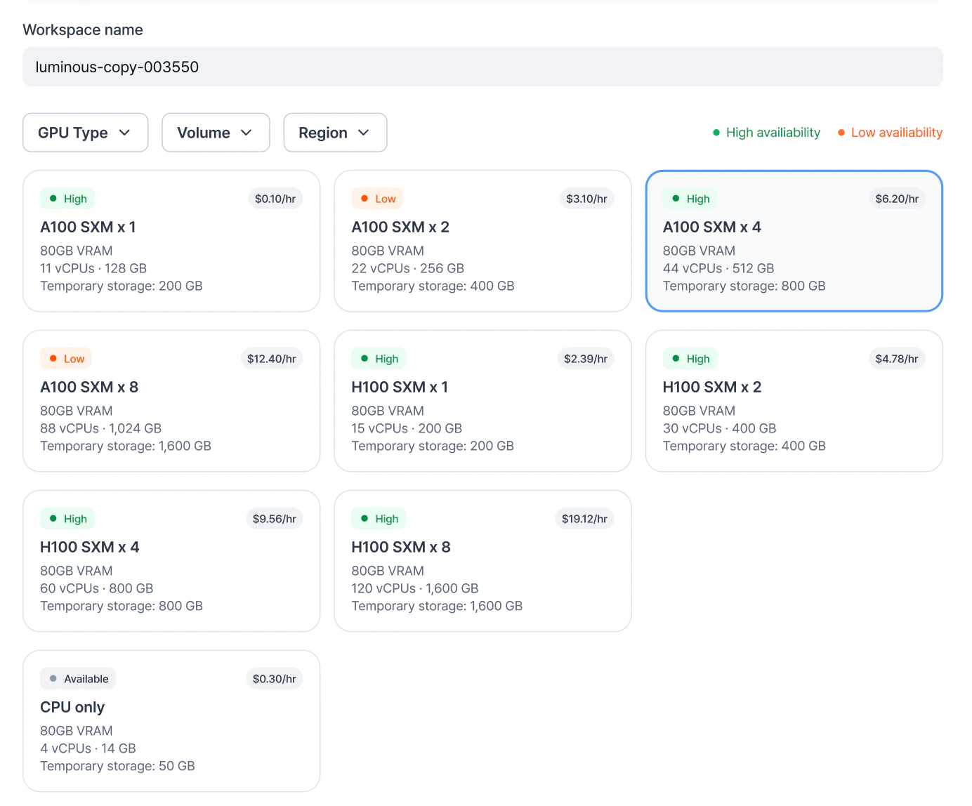 Resource spec cards showing GPU availability indicators