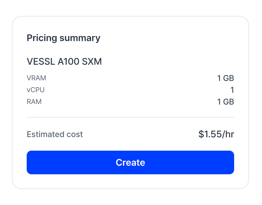 Pricing summary showing resource details and Create button