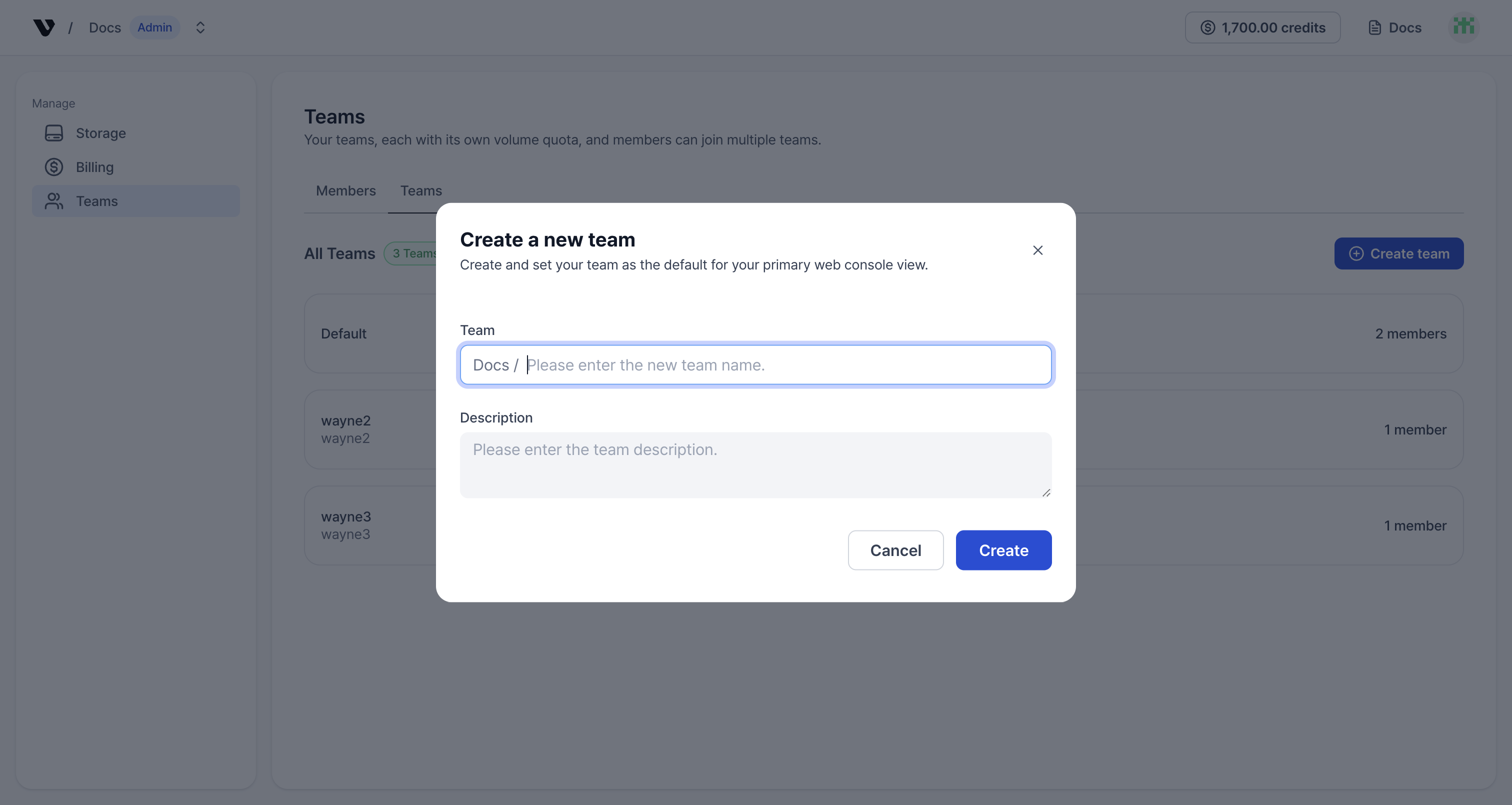 Create a new team dialog screenshot