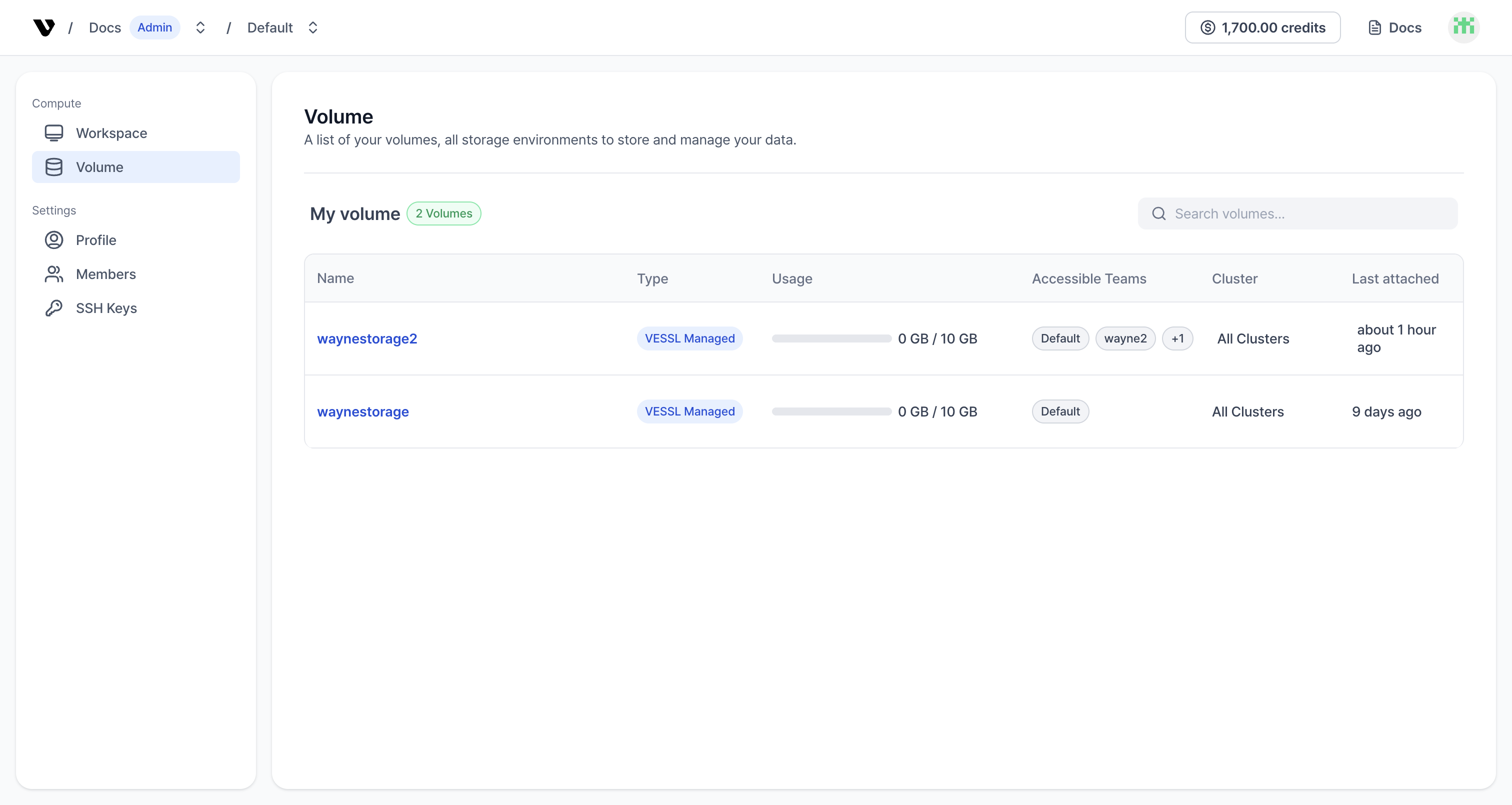 Volume list screenshot