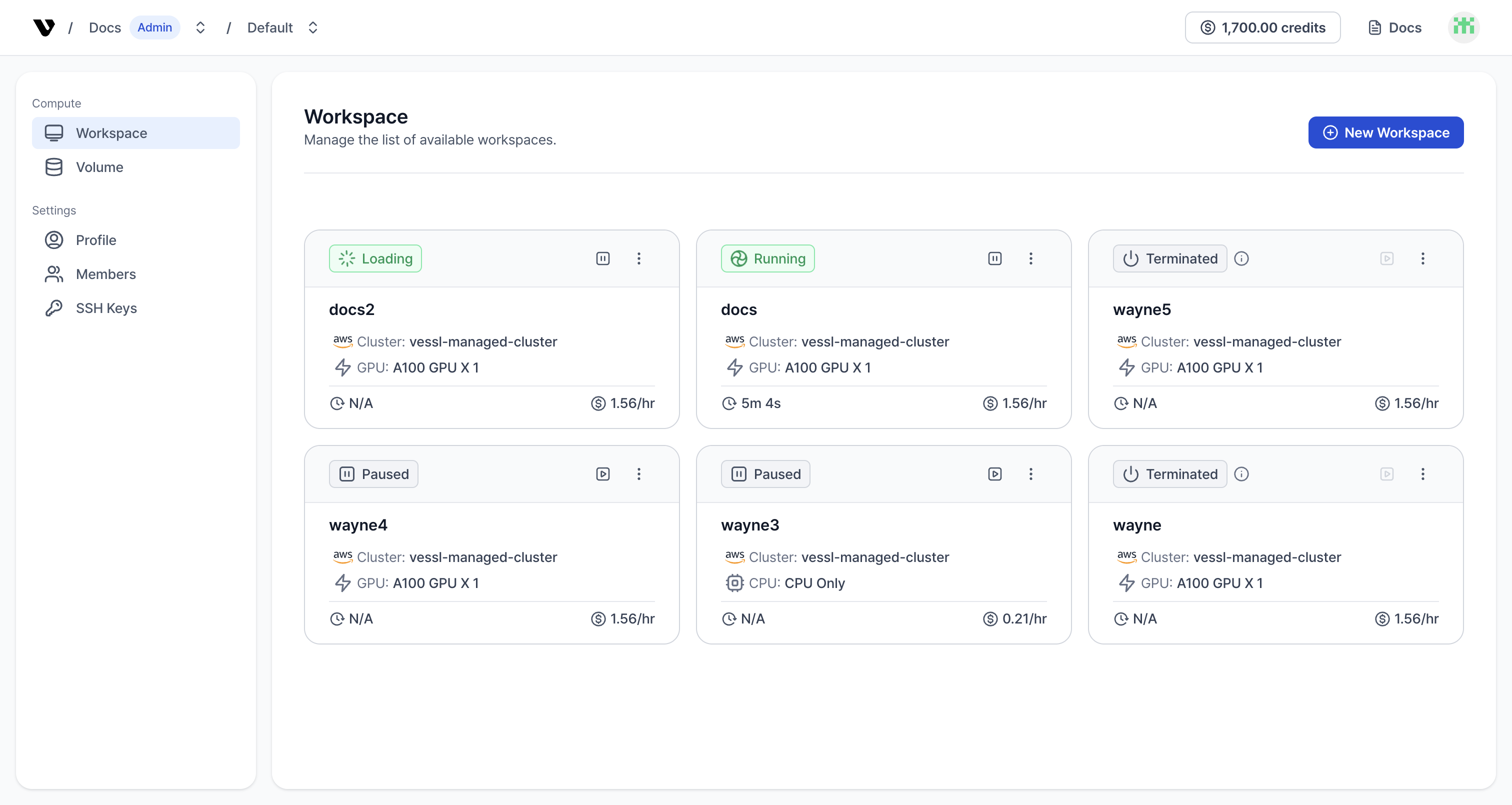 Workspace list screenshot