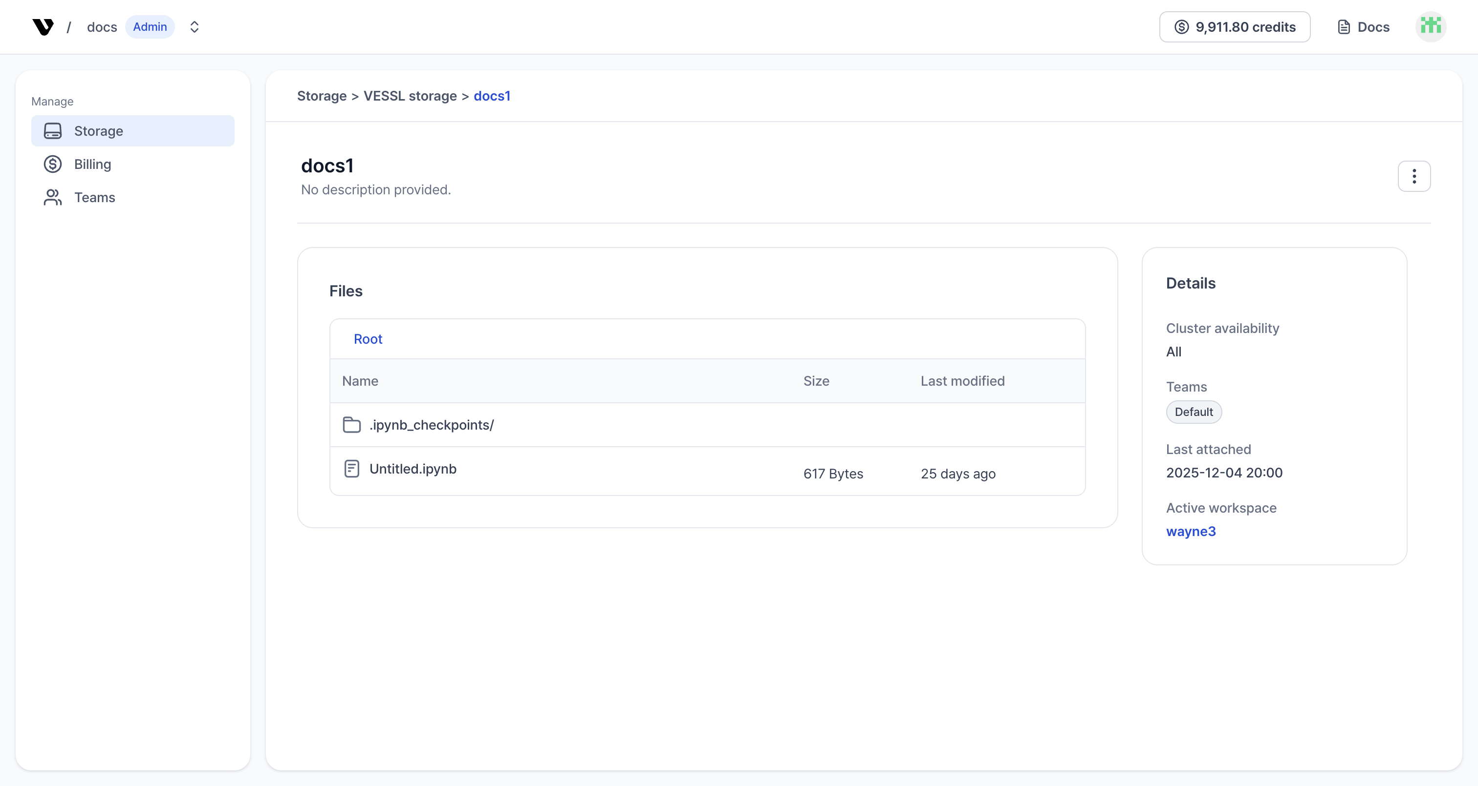 Volume details files on VESSL.